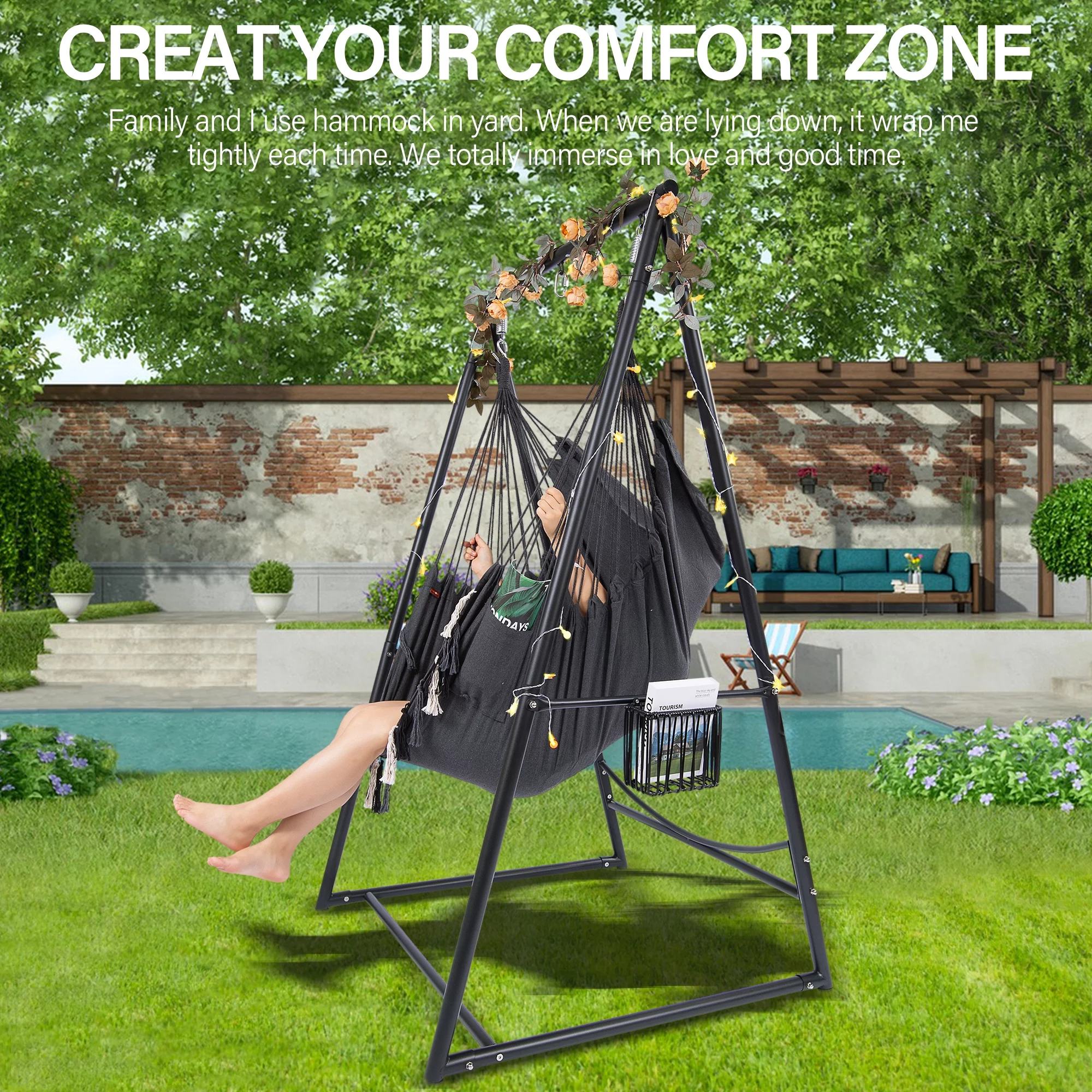 Hammock Chair Hanging Rope Swing & Stand Set with Two Holders, Heavy Duty Hanging Stand with Three Hooks, Multi-Use for Indoor Outdoor Patio Yard Garden (Black)