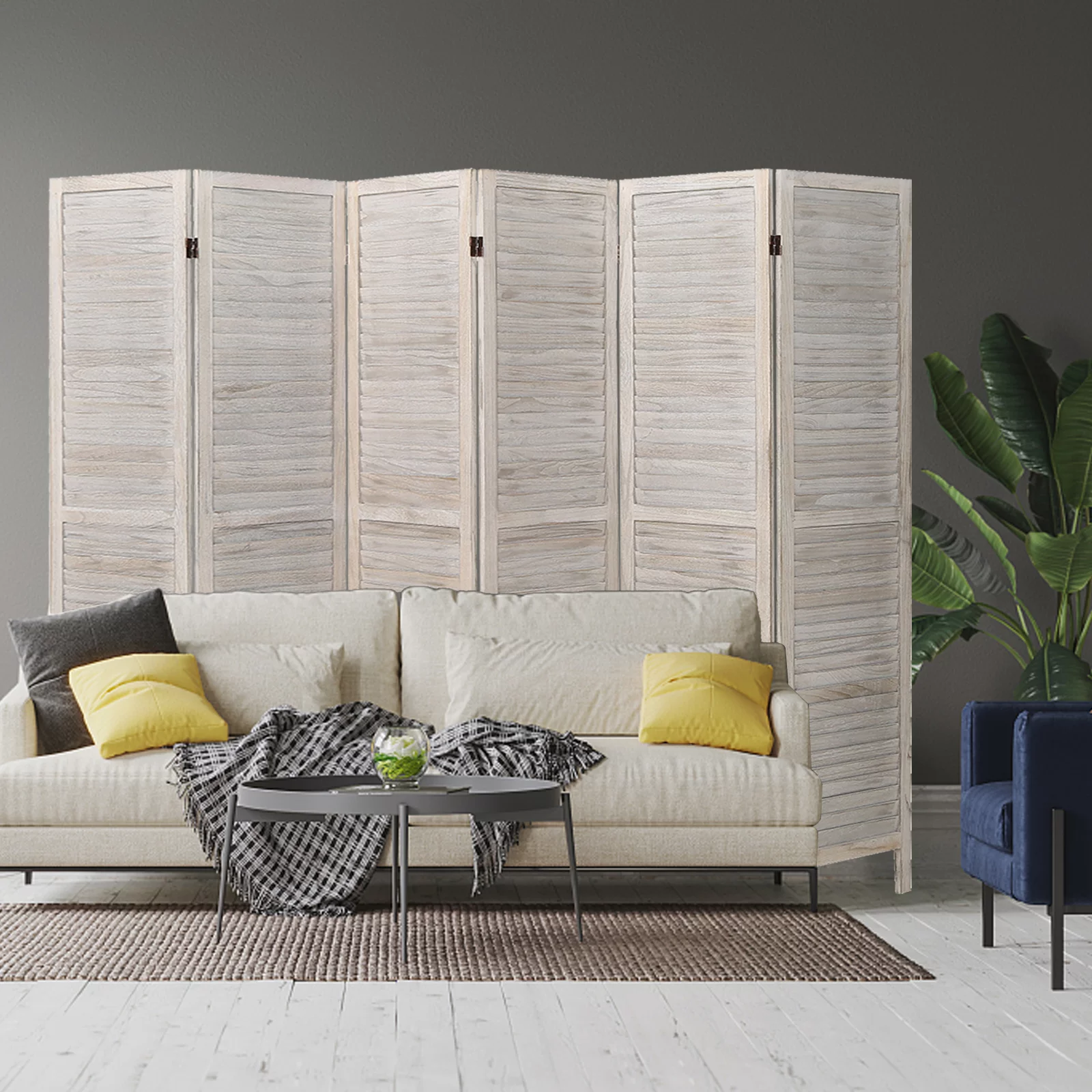 Fionafurn 6 Panel Louver-Design Wood Room Divider Folding Screen 5.6 Ft Tall (white)