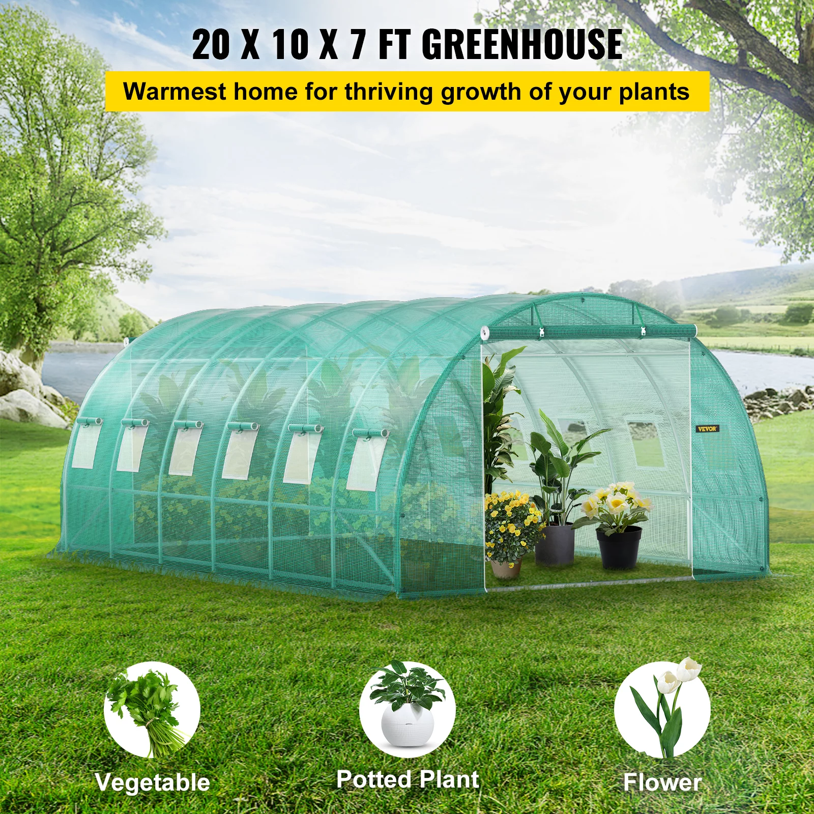 VEVORbrand Walk in Tunnel Greenhouse, 20 x 10 x 7 ft Portable Plant Hot House w/ Galvanized Steel Hoops, 3 Top Beams, Diagonal Poles, 2 Zippered Doors & 12 Roll-up Windows, Green