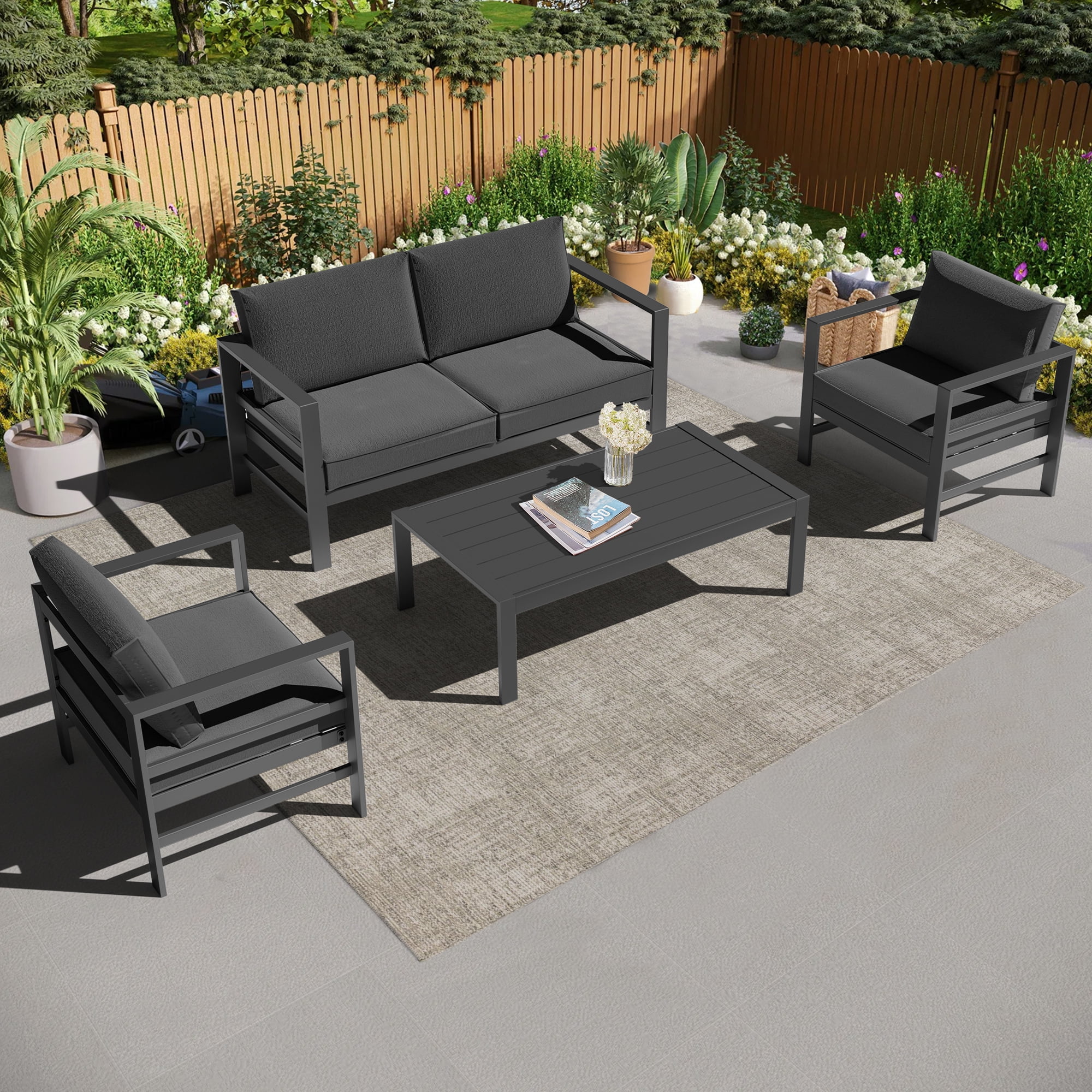 4 Pieces Cast Aluminum Outdoor Patio Furniture Set, Gray Modern Patio Conversation Sofa Set, Gray