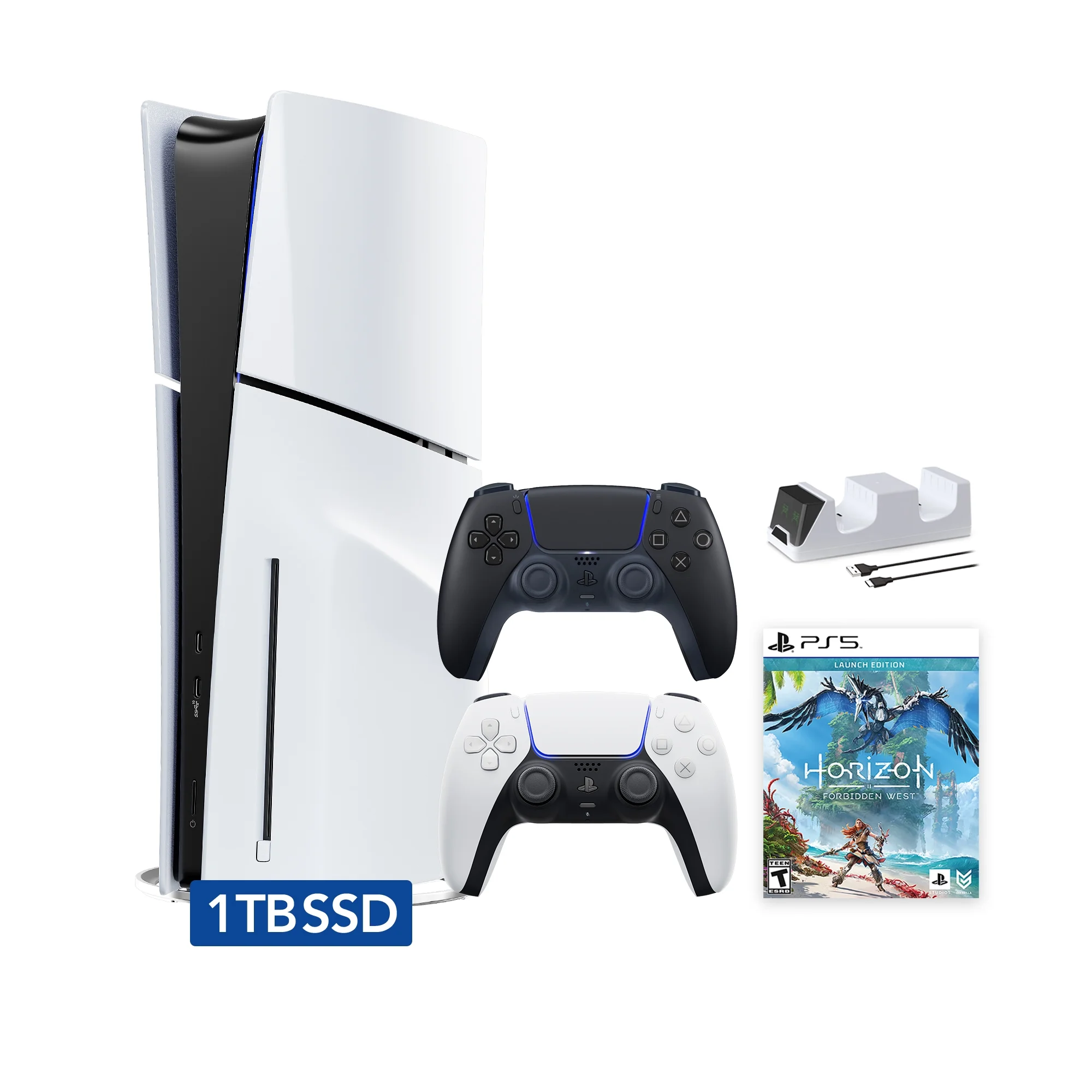 PlayStation 5 Disc Edition Horizon Forbidden West Bundle with Two Controllers White and Midnight Black DualSense and Mytrix Dual Controller Charger