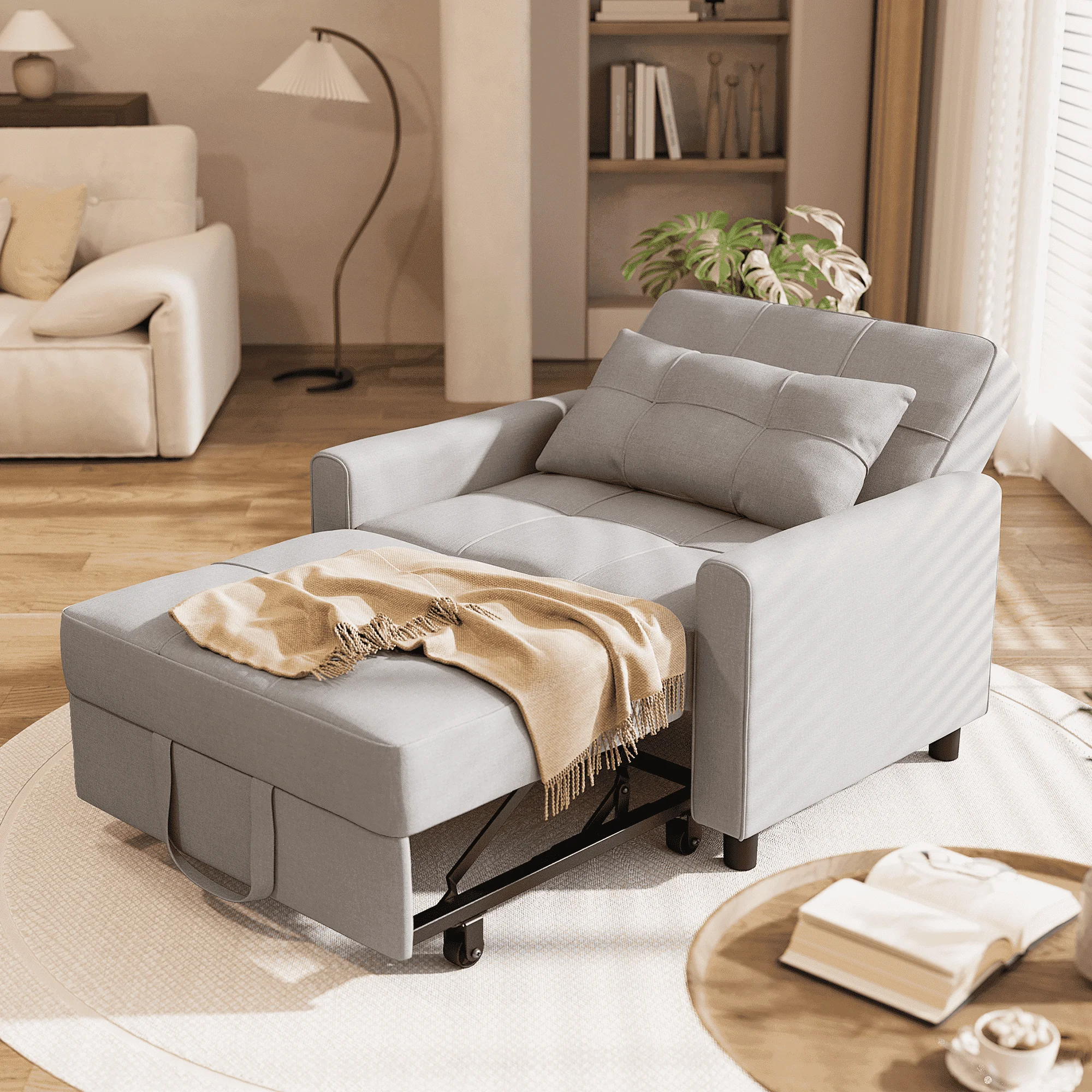 Asofer Sofa Bed Chair, 3 in 1 Convertible Futon Couch Recliner, Sleeper Sofa for Home or Office, Light Gray