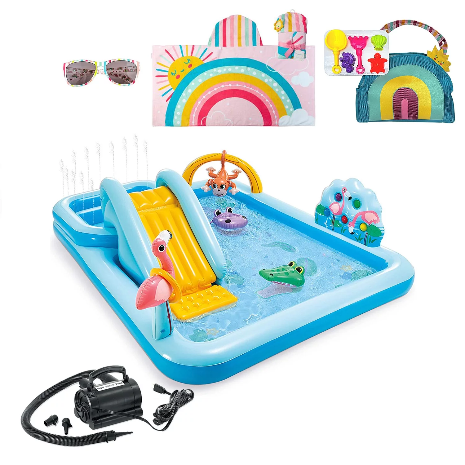 Aventis Kids Jungle Adventure Inflatable Play Center Fun in the Sun Water Pool Bundle with Matching Adorable Rainbow Hooded Towel, Beach Tote, Classic Sunglasses, & Electric Air Pump for Ages 3+