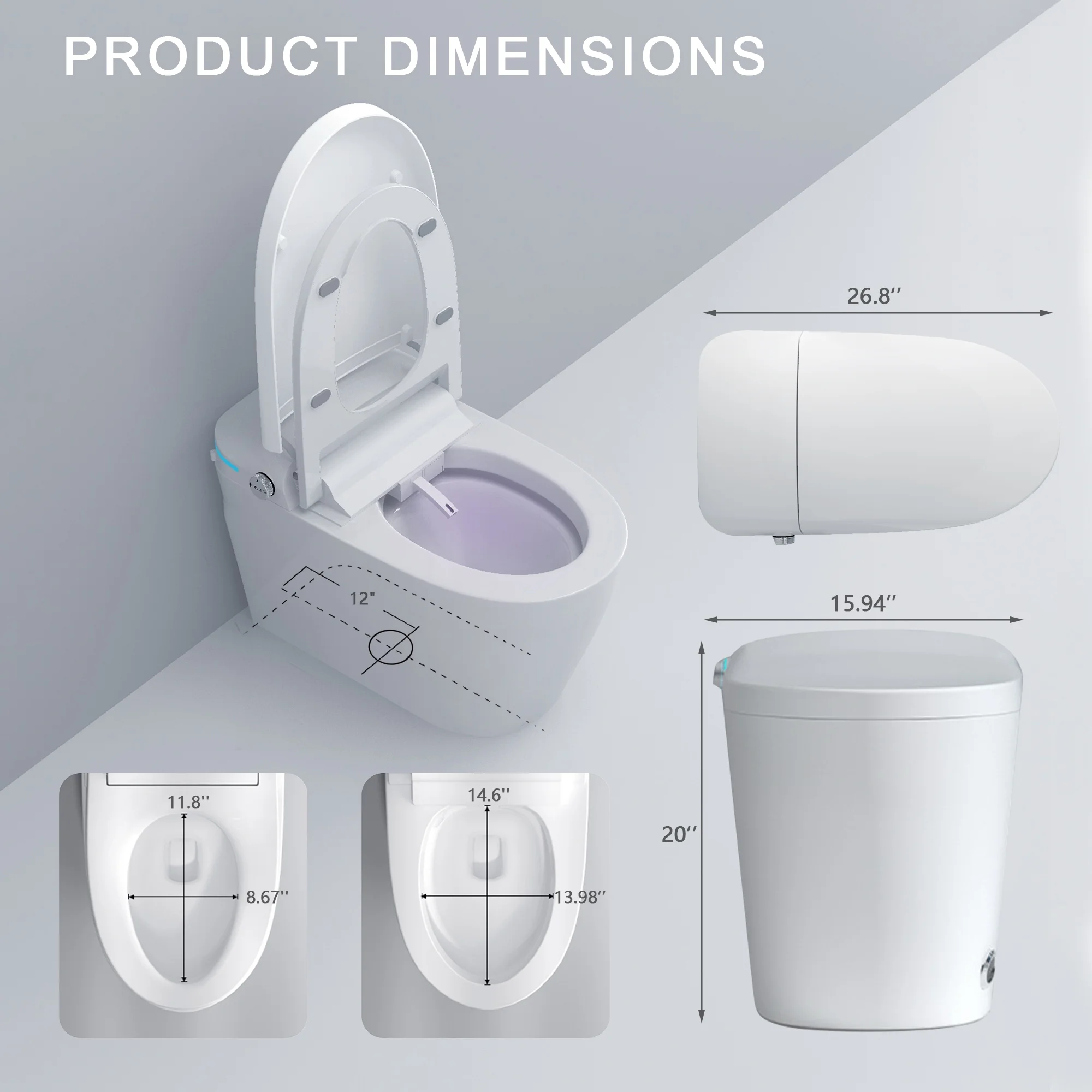 Yulika Smart Toilet with Bidet, Auto Open/Close Lid Toilet with Auto-Flush, Adjustable Heater Warm Wind,Seat,Cleaning Water,Includes Remote Control and Water Tank
