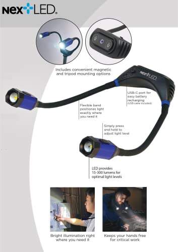 NextLED NT-6633 Heavy Duty Rechargeable Neck Light with Magnetic Base, IPX4, 2000mAh Battery, LED Mechanic Neck Light Hands Free, Flexible Around The Neck Flashlight, Neck Work Light Rechargeable