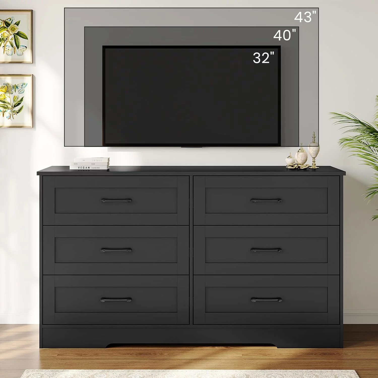 AOGLLATI 6 Drawer Double Dresser for Bedroom,Wood Chest of Drawers, Storage Organizer Unit for Living Room, Black