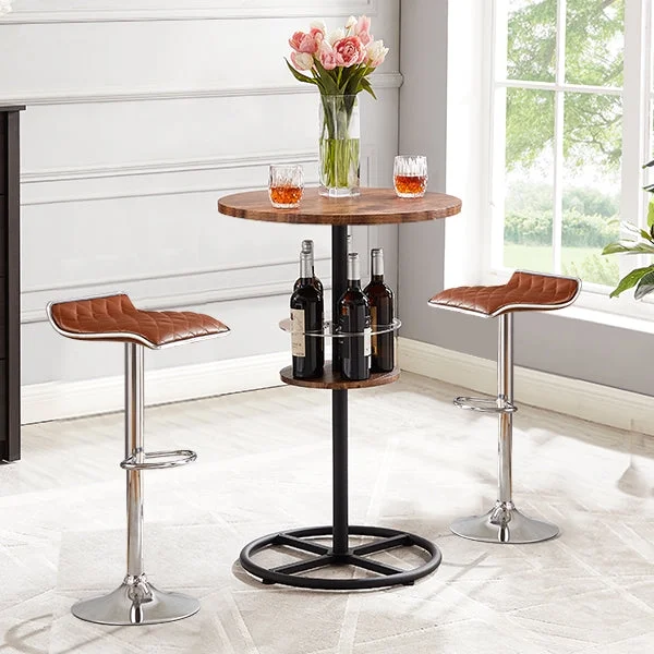 VECELO Round Bar Table with Built-in Wine Rack, Wooden Top and Sturdy Metal Frame Bistro Pub Table for Home, Kitchen, Cocktail, Brown