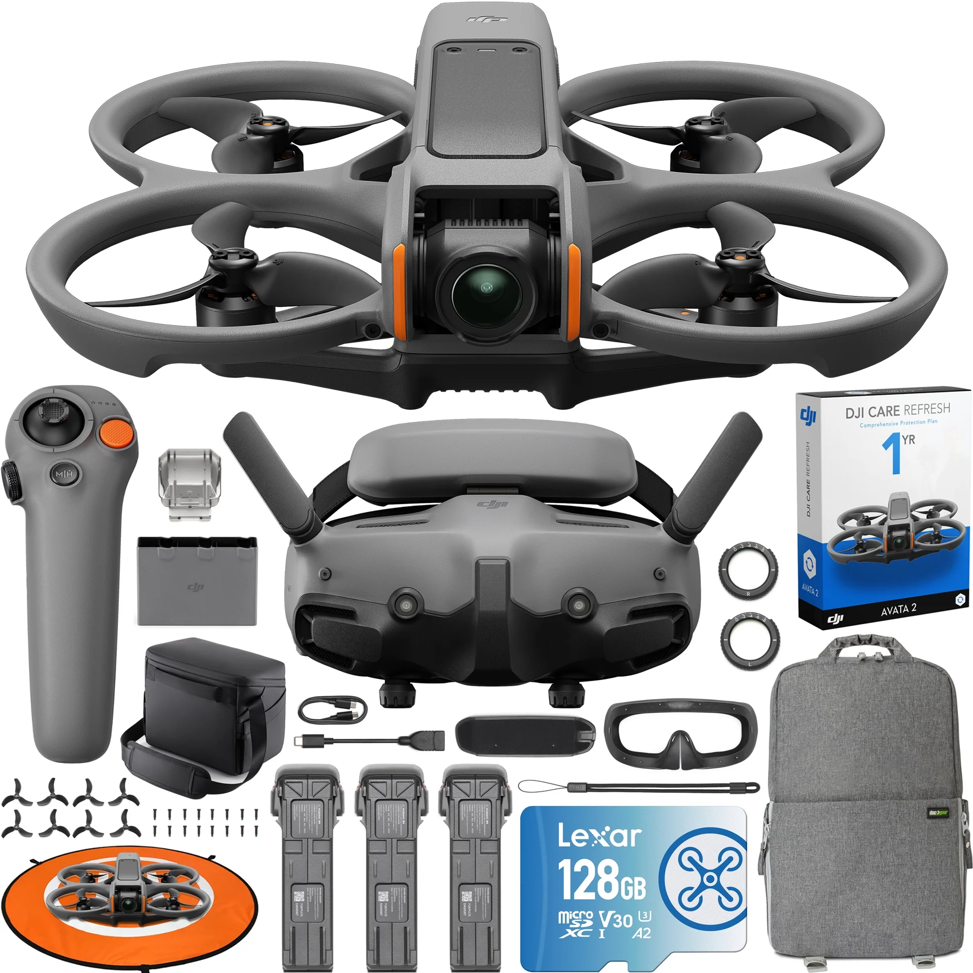 DJI Avata 2 FPV Drone Fly More Combo (3 Batteries) with Camera 4K Including Goggles 3 and RC Motion 3, Built-in Propeller Guard, POV Content Bundle with 1 Year DJI Care Refresh Plan & Accessories