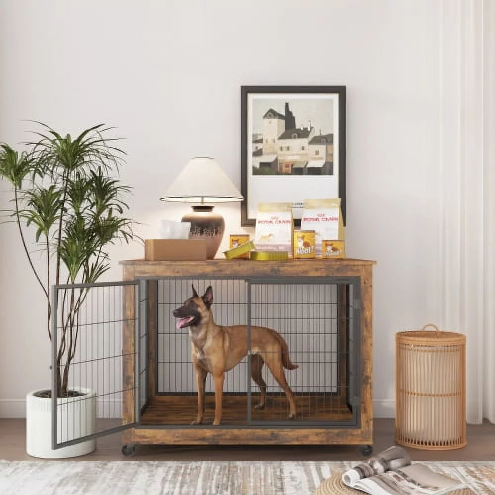 Schnappi Furniture Style Dog Crate Side Table on Wheels with Double Doors and Lift Top.（Rustic Brown,43.7’’w x 30’’d x 31.1’’h）
