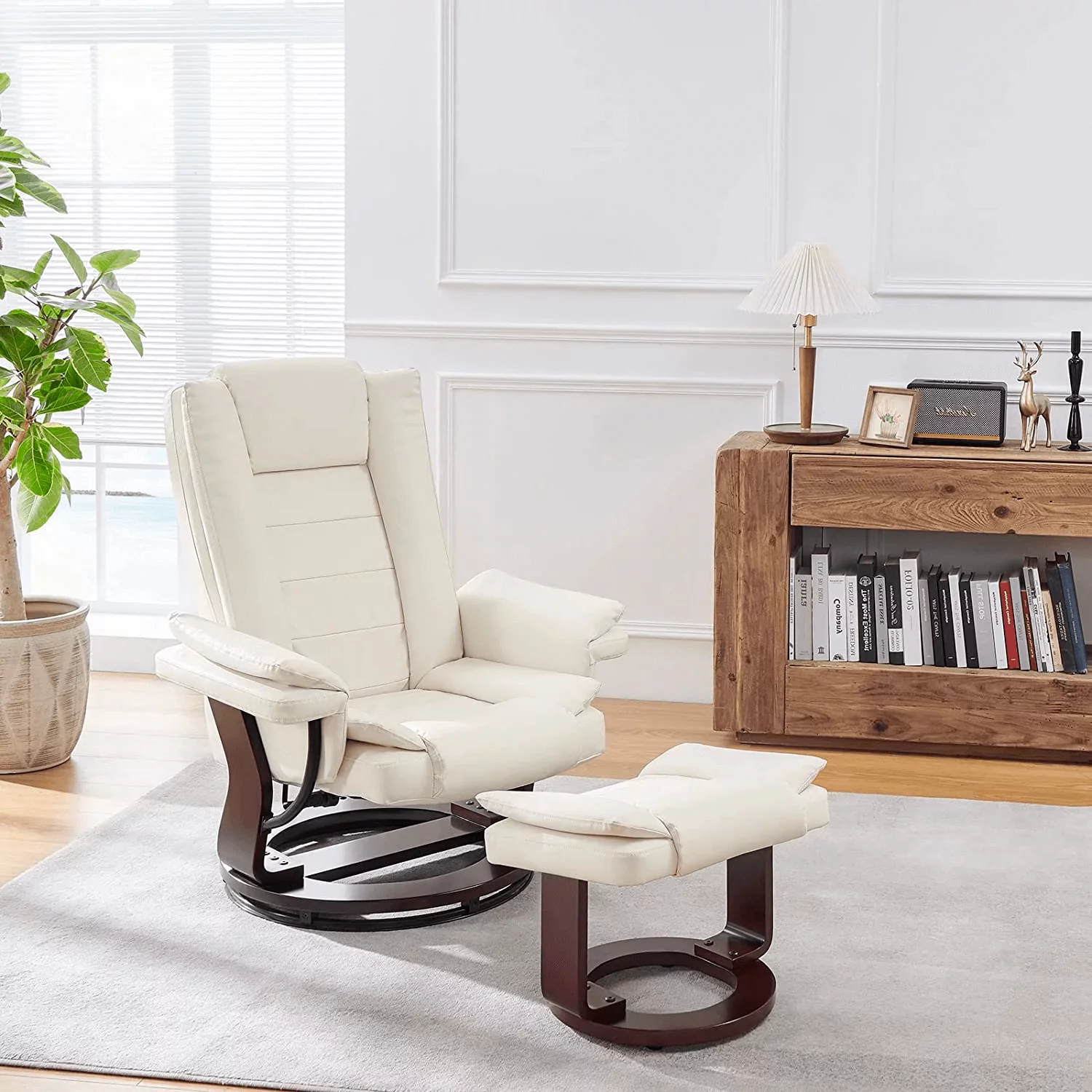 L'AGRATY Recliner Chair with Ottoman,Swivel Leather Recliner 360 Degree with Footrest Living Room (Beige)