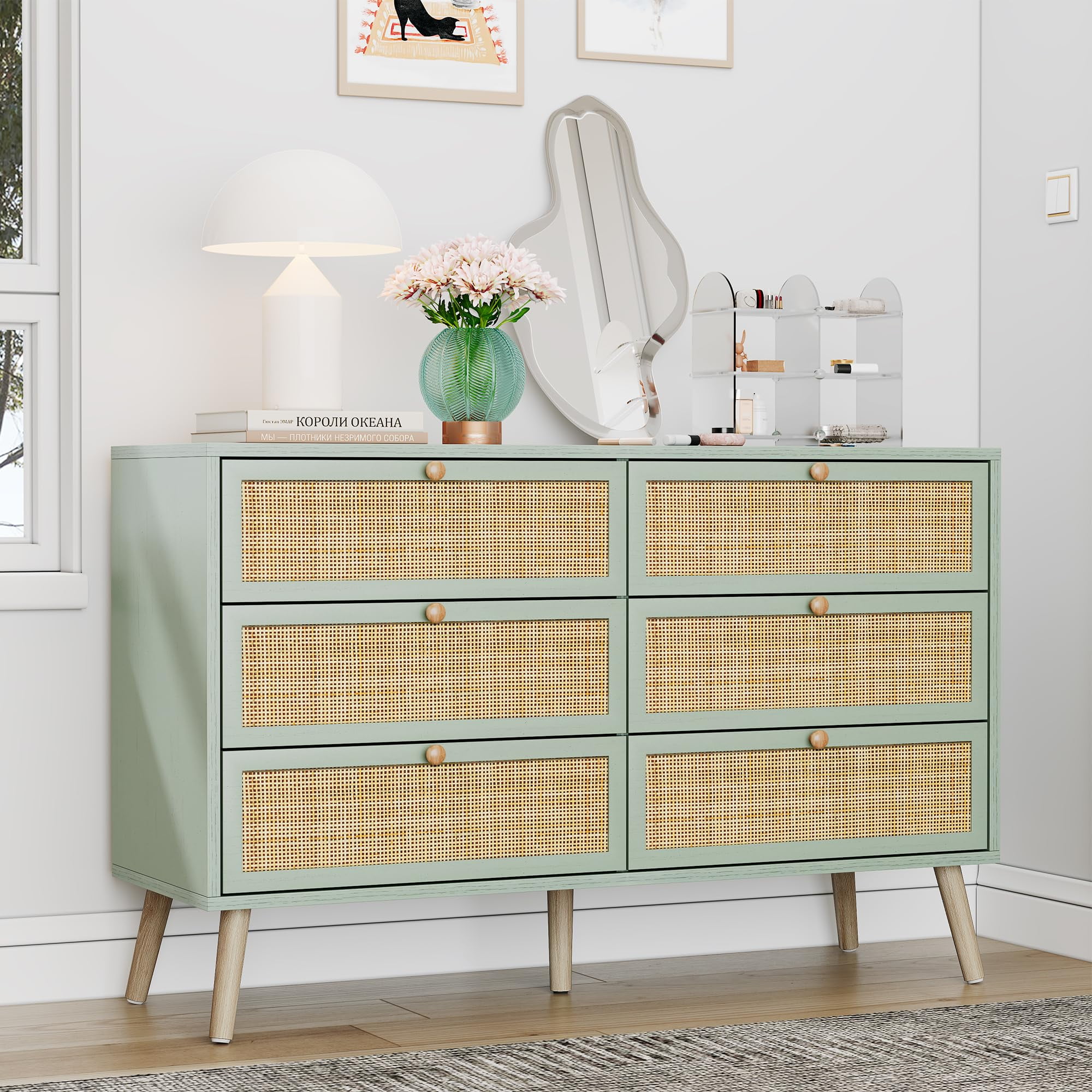 Brafab Vintage Natural Rattan 6 Drawers Dresser for Bedroom, Mid-Century Modern Dresser with Sturdy Wooden Legs, Boho Double Chest of Drawers with Wood Handles for Closet, Living Room, Mint