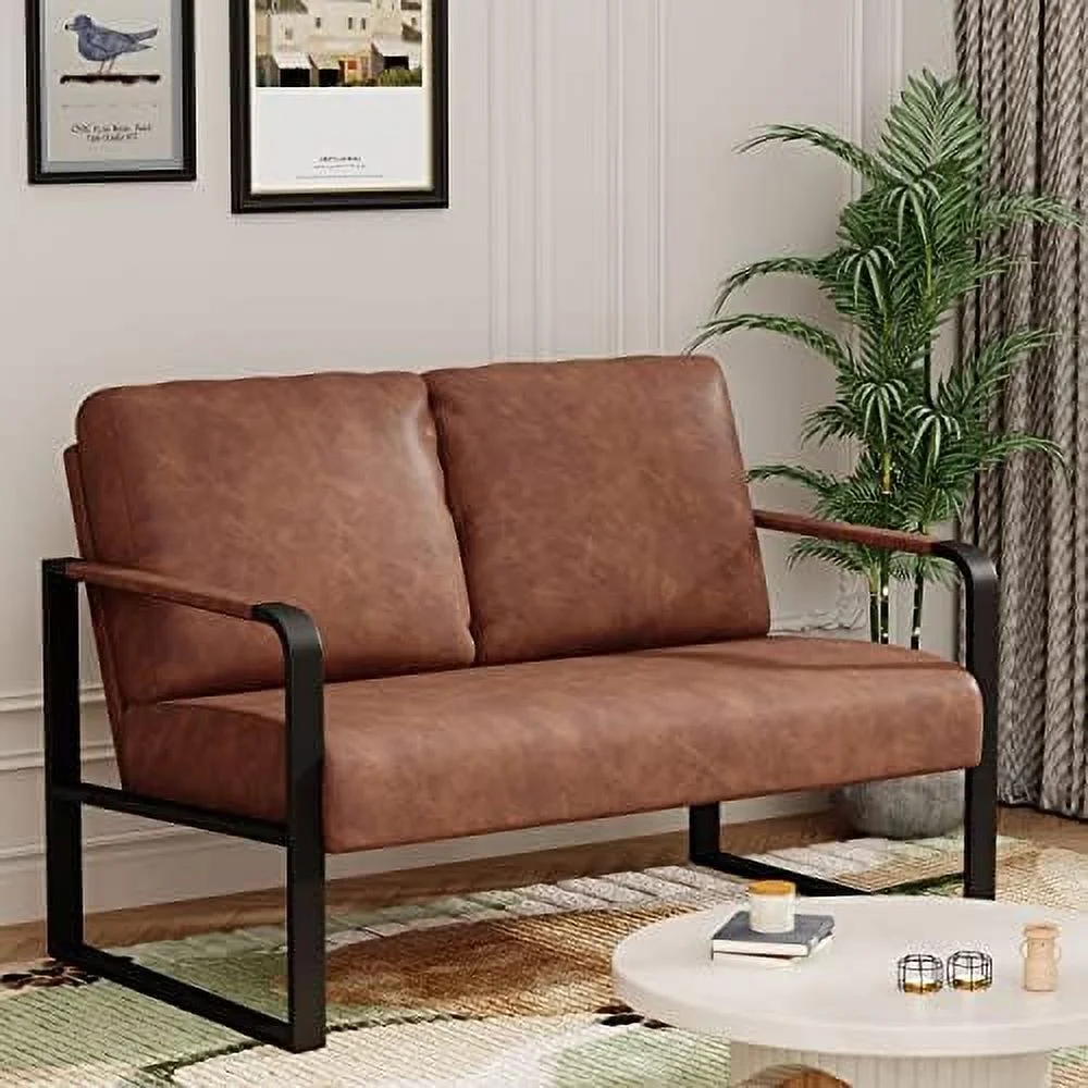 xrboomlife Love Seat Mini Couch Small Settee Loveseat Bench for Living Room  Faux Leather Loveseat Sofa Small Sofa Couches for Small Spaces with Padded Cushion  Mid Century Modern Dark Br