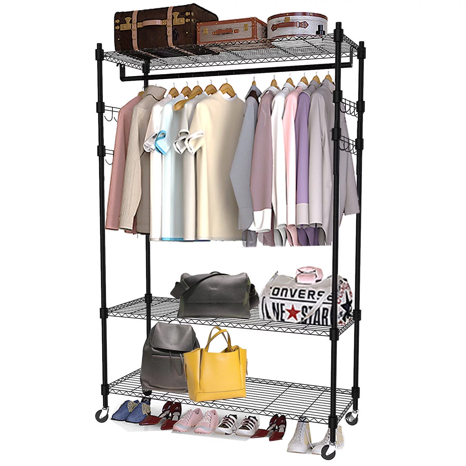 420 lbs Clothes Rack Heavy Duty Clothing Garment Rack Adjustable Rolling Portable Closet with Shelves V frame, Freestanding Wardrobe Rack (Black, 1Rod 4Hook)