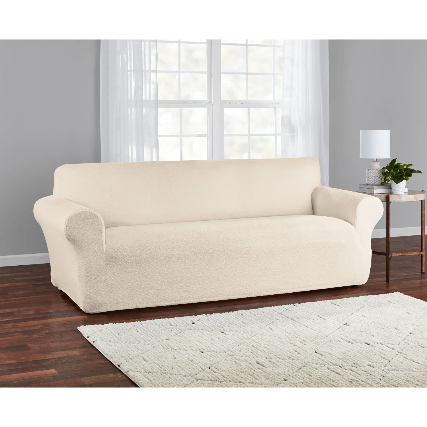 Mainstays Boucle Stretch-to-Fit Fabric Sofa Slipcover, 1-Piece, Beige