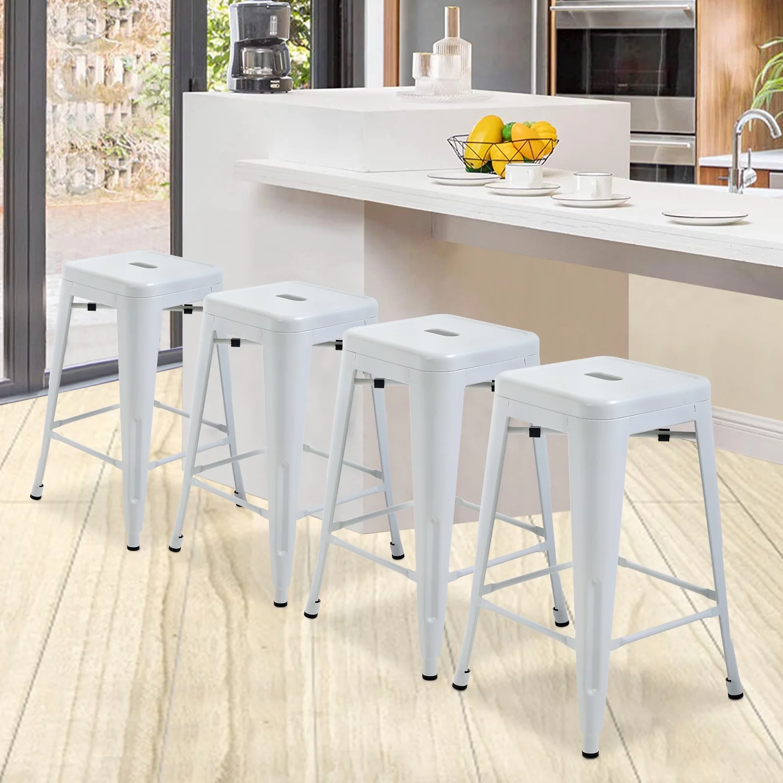 Metal Bar Stools Set of 4, Counter Height Stackable Barstools, 24 inch Indoor Outdoor Backless Patio Bar Stool Kitchen Dining Stool, 330Lbs WHITE