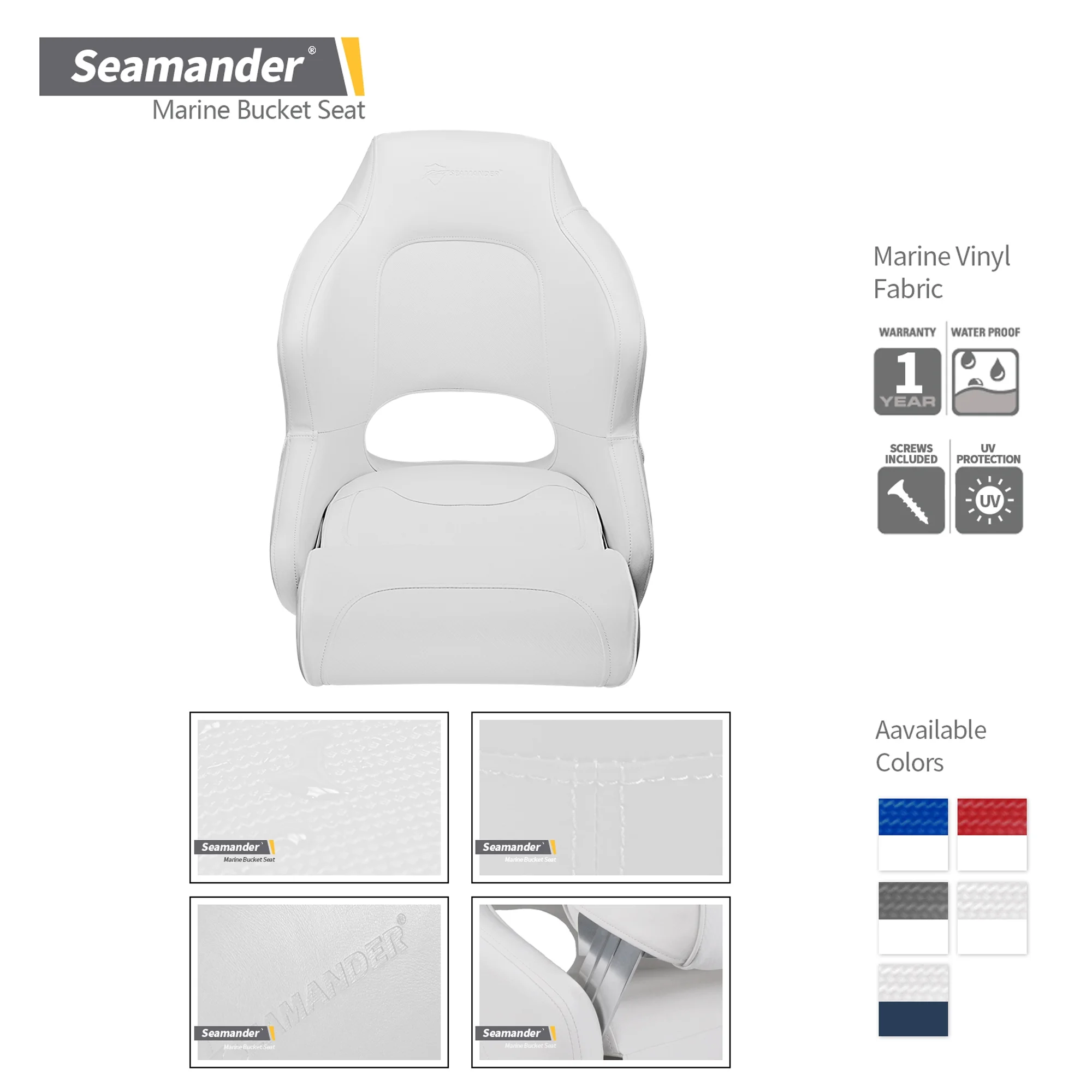 Seamander S1043 series Pontoon Furniture Bucket Seat, Captain Seat, Colors Solid White