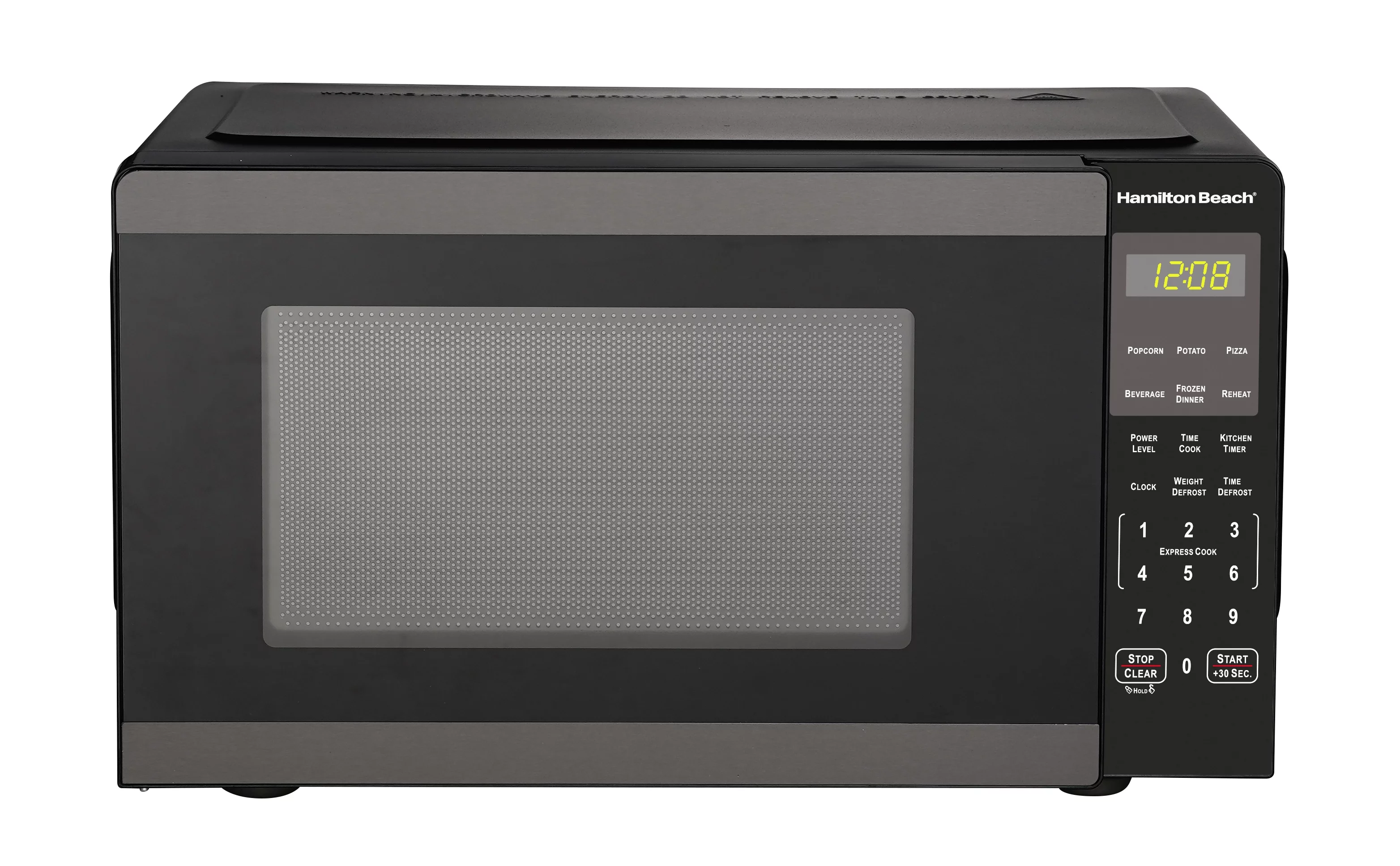 Hamilton Beach 0.9 Cu ft Countertop Microwave Oven, 900 Watts, Black Stainless Steel, New