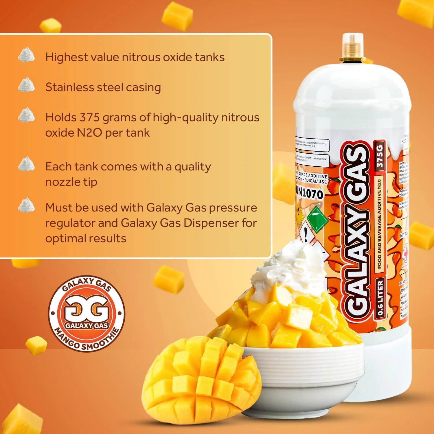 Galaxy Gas Mango Smoothie Flavor Whipped Cream Dispenser Cartridge Tank, Nitrous Oxide 0.6L 375 Gram Whip Cream Charger, Whipped Cream Cartridge, N2O Charger Tank, 1 Cylinders
