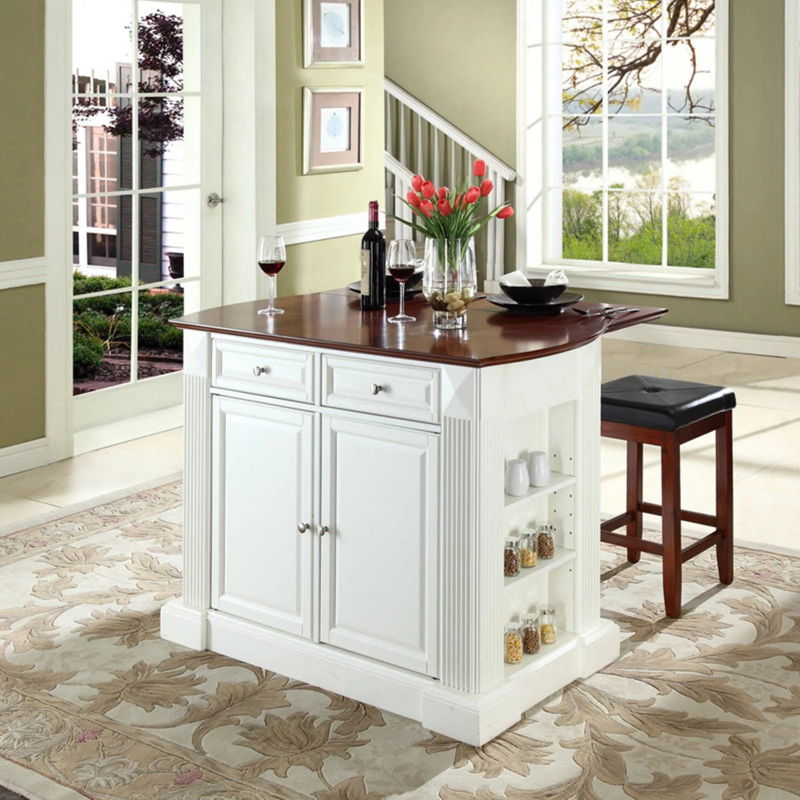 Crosley Drop Leaf Breakfast Bar Top Kitchen Island with 24 in. Upholstered Square Seat Stools
