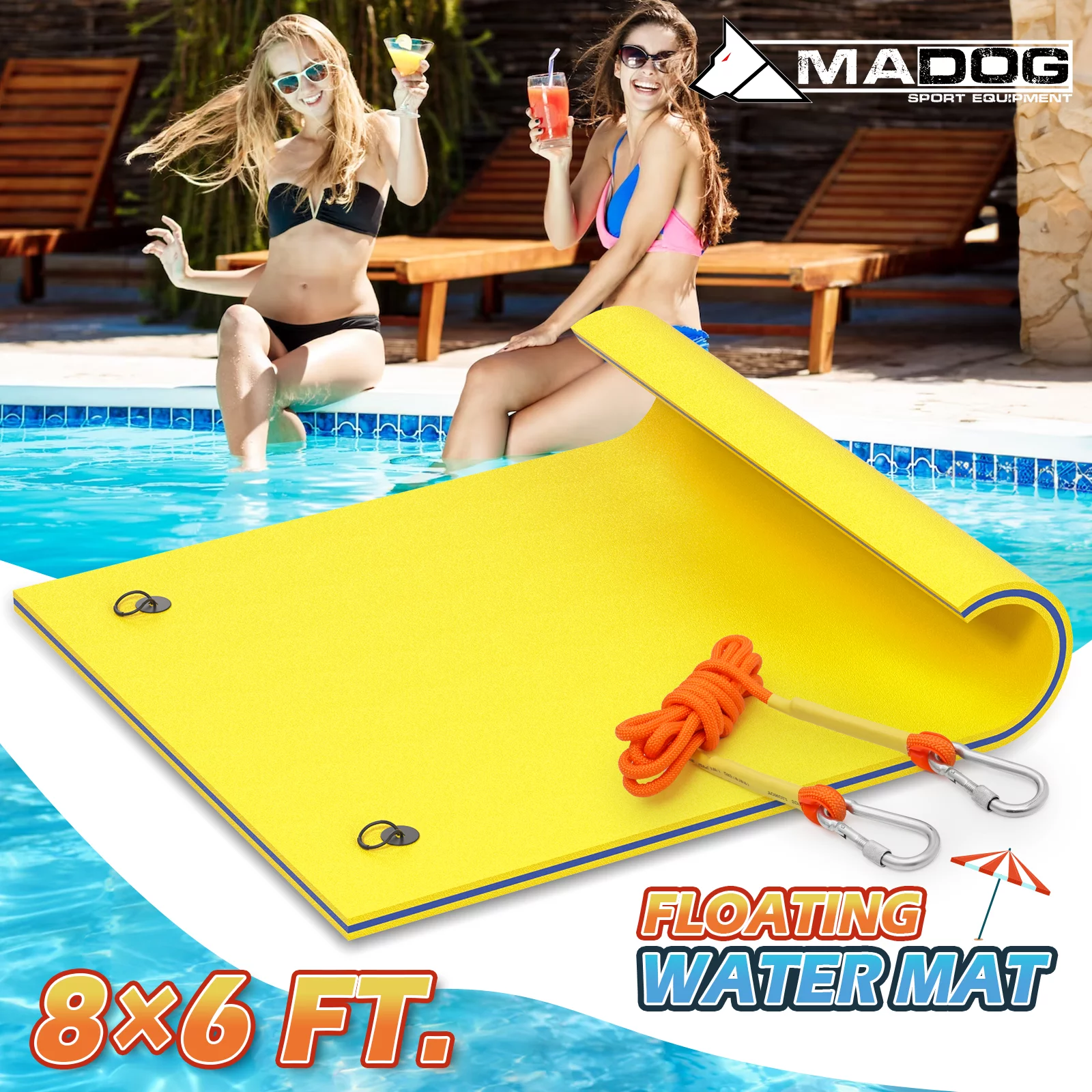 MADOG 8' x 6' Water Floating Mat, 3-Layer Tear-Resistant XPE Foam Water Floating Pad Lily Pad for Pool Lake River Ocean Outdoor Water Activities, Yellow