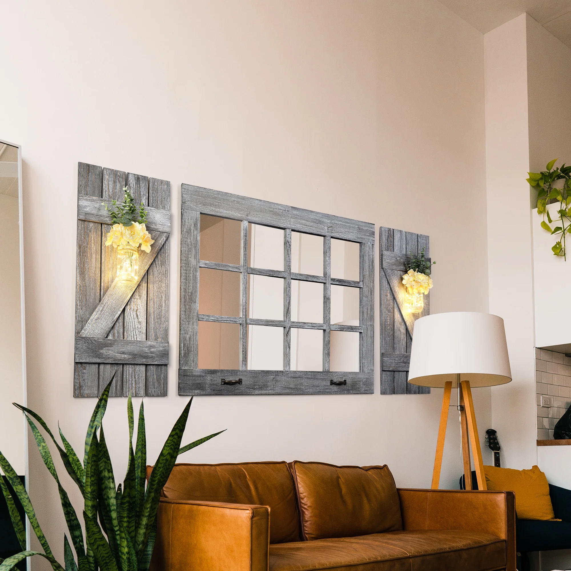 Large Window Mirror with Shutters Wall Decor, Distressed Wood Windowpane Mirror( Window Mirrorx1,Shuttersx2),Rustic Grey