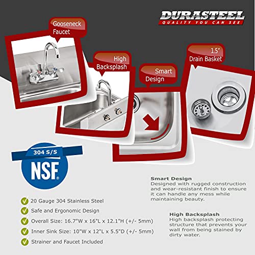 DuraSteel Stainless Steel Sink - Commercial Wall Mount Kitchen Sink - Small Hand Sink Wash Basin - With Sink Strainer and Faucet - For Laundry, Restaurants, Bars, and More