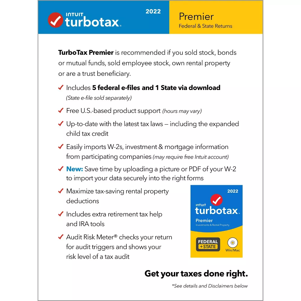 INTUIT Turbotax Desktop Premier Ty2022 Retail Fs Dvd Pkg, 5101318 (08JV00)