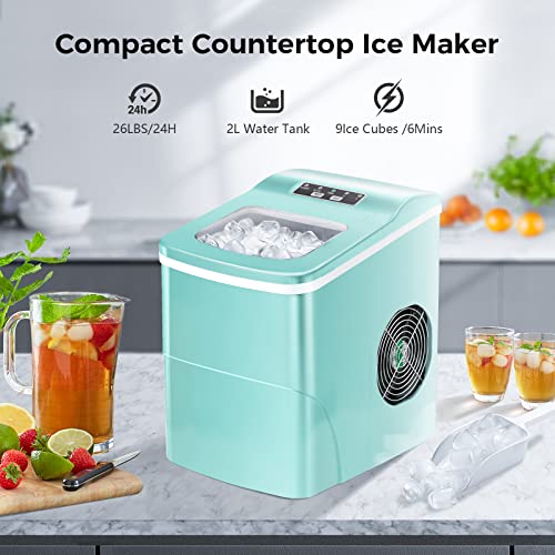 AGLUCKY Ice Makers Countertop with Self-Cleaning, 26lbs/24hrs, 9 Cubes Ready in 6 Mins, Portable Ice Machine with 2 Sizes Bullet Ice/Ice Scoop/Basket for Home/Kitchen/Office/Bar/Party, Black