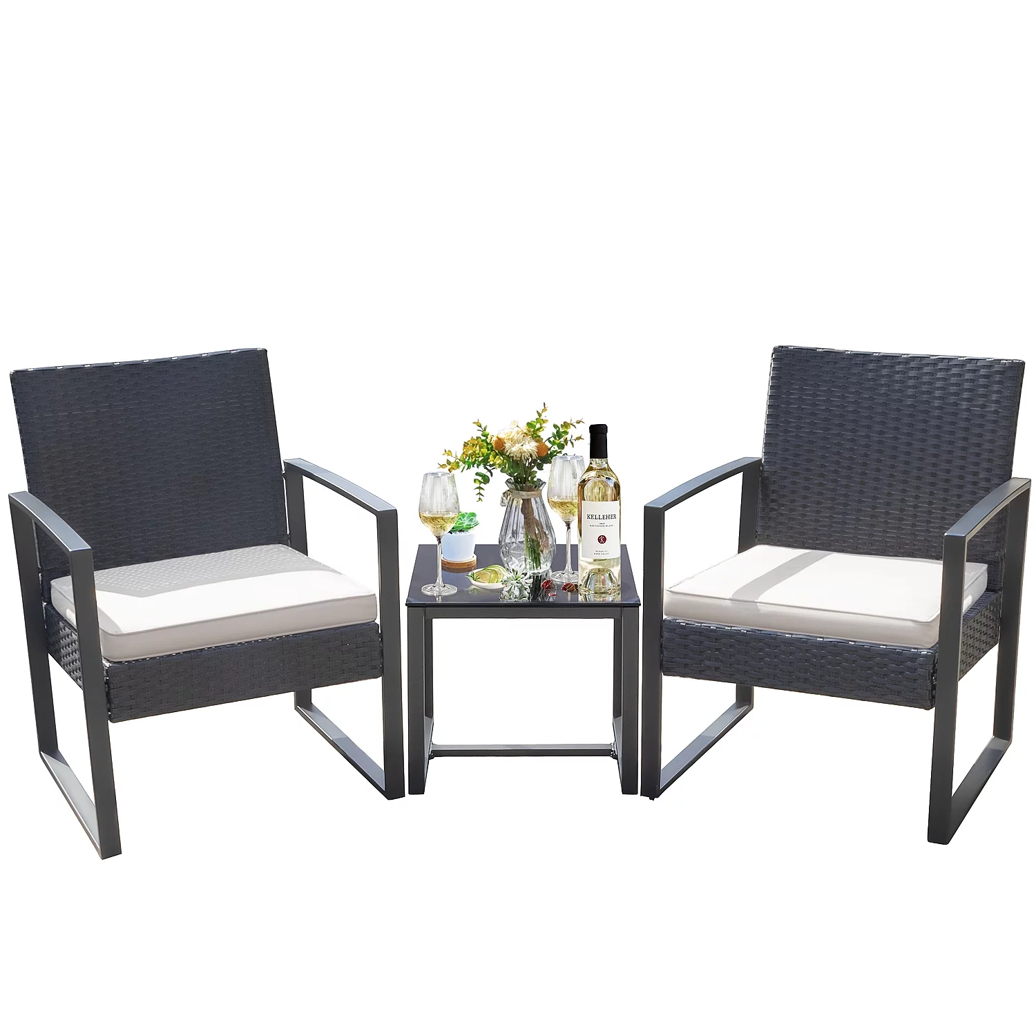 Lacoo 3 Pieces Patio Indoor Conversation Set Cushioned PE Rattan Bistro Chairs Set of 2 with Table, Black/White