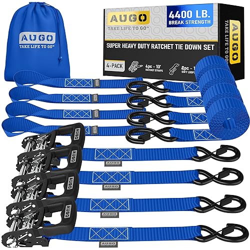 AUGO Ratchet Straps Heavy Duty 4 Pack -15 FT - 2200 LB Break Strength – Ratchet Tie Down Straps with Safety Lock S Hooks - Cargo Straps for Moving, Appliances, Motorcycle – Soft Loop Tie Down Straps