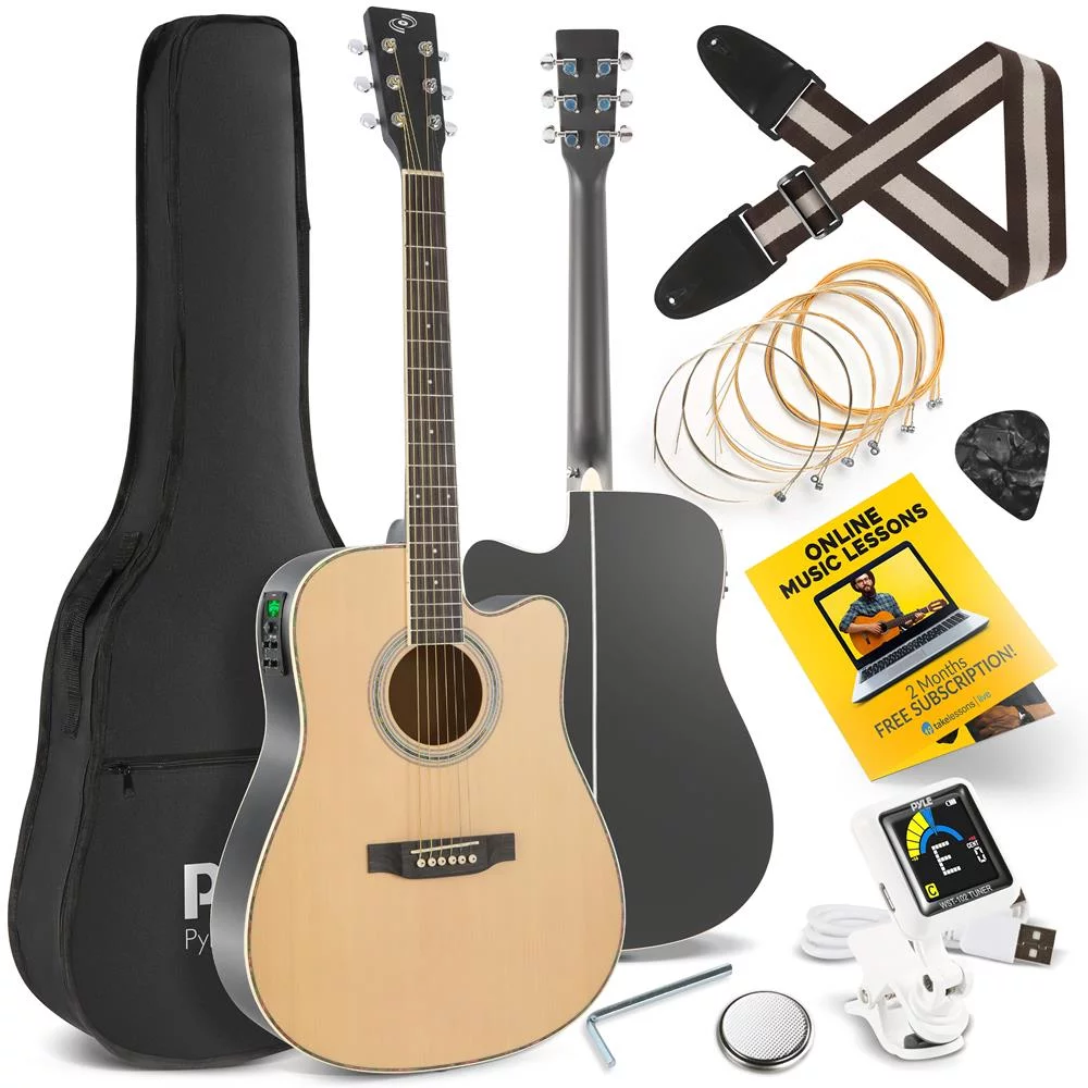 Pyle Acoustic Electric Cutaway Guitar 4/4 Scale 41” Steel String Spruce Wood Onboard Tuner, Picks, Shoulder Strap for Beginners and Students