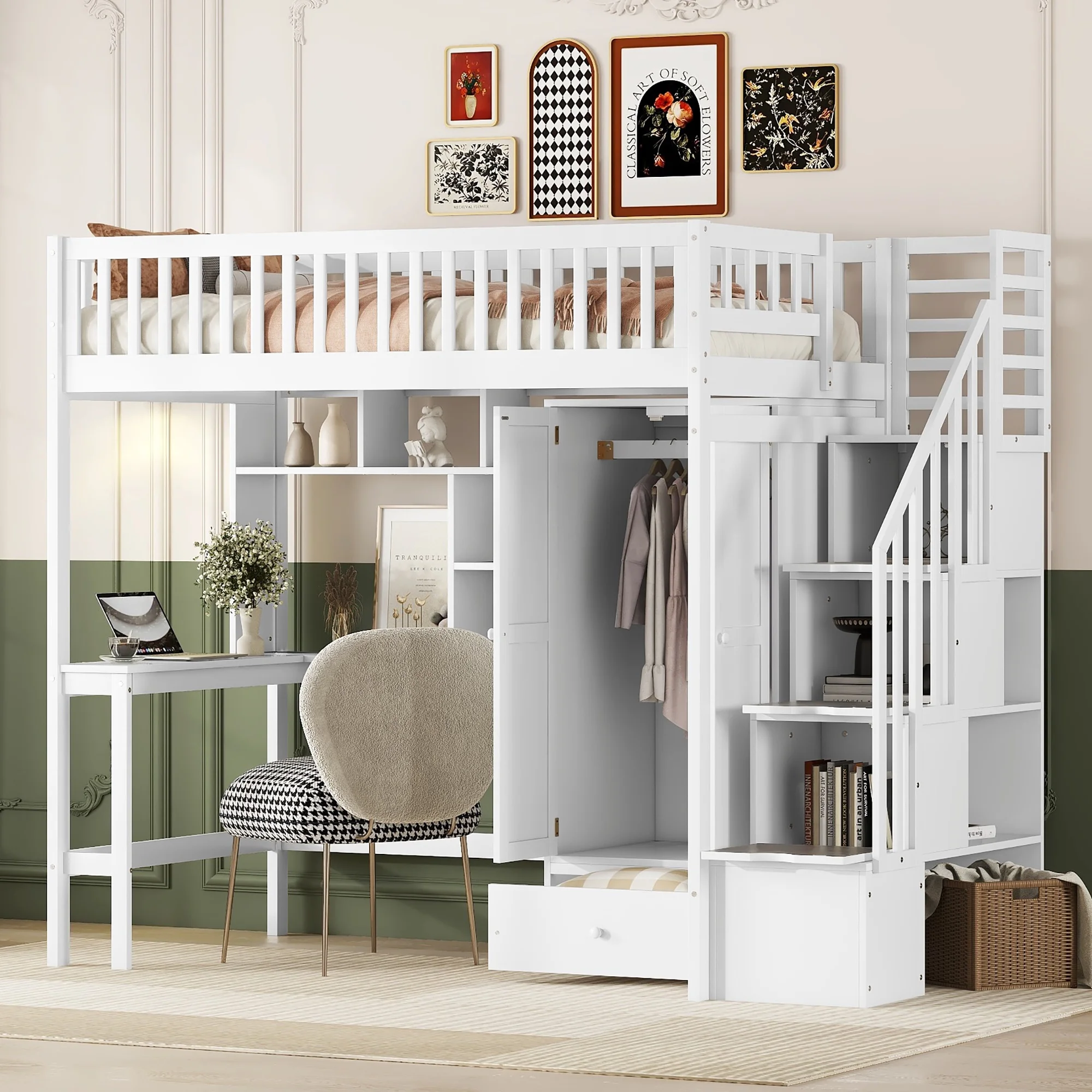 Bellemave Twin Size Loft Bed with Stairs and Wardrobe, Wood Loft Beds Frame with Desk and Storage Drawers, Stairway Loft Bed for Kids, Teens & Adults（White）
