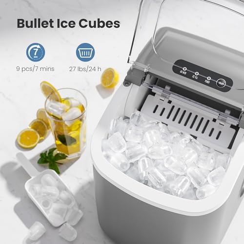 Portable Countertop Ice Maker Machine with Handle, 9 Bullet-Shaped Ice Cubes Ready in 6 Mins, Self-Cleaning Function with Ice Scoop and Basket for Home/Kitchen/Party