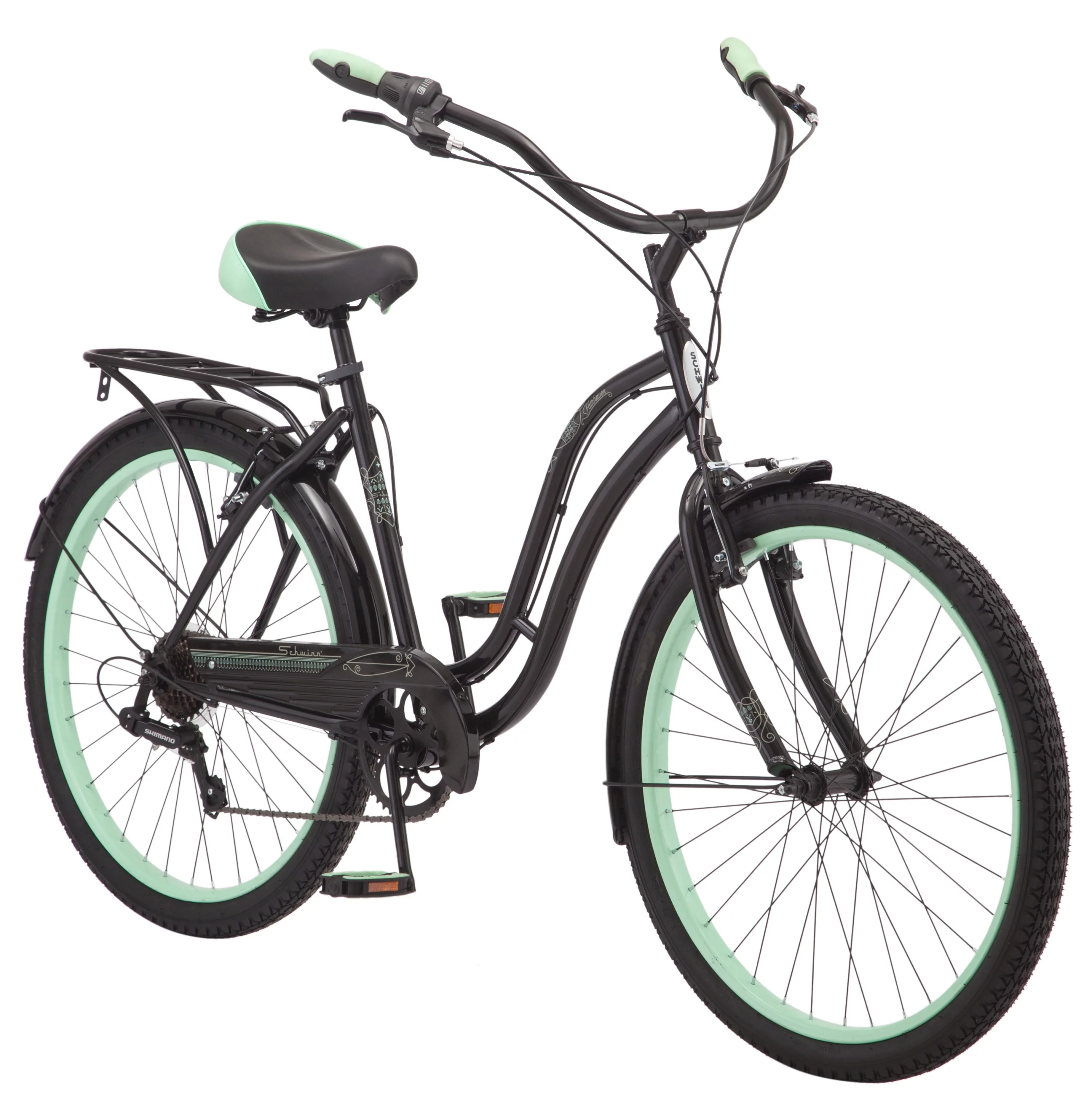 Schwinn Fairhaven Cruiser Bike, 26-inch wheels, 7 speeds, womens frame, Black / Green