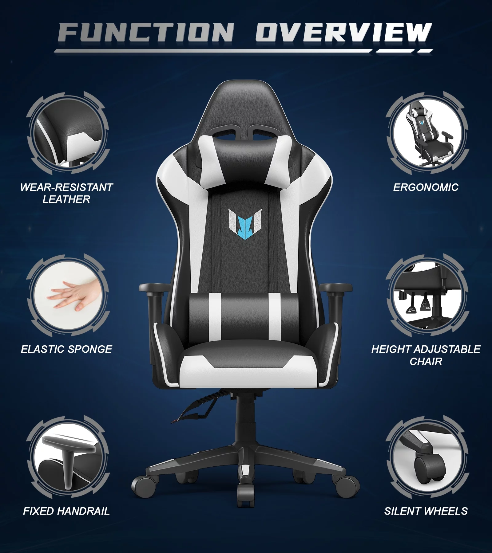 Bigzzia Gaming Chair Pu Leather Office Chair with Ergonomic Lumbar Pillow, Reclining Racing Game Chair Backrest and Seat Height Adjustable Swivel Recliner,Esports Chair with Headrest,Black