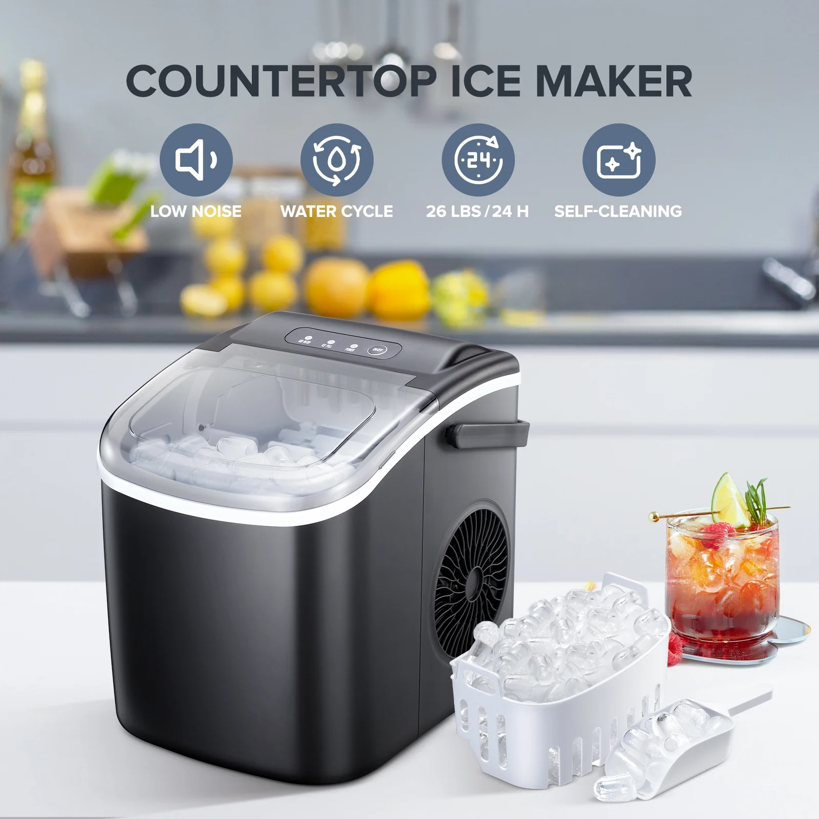 KISSAIR Countertop Ice Maker, Self-Cleaning Portable Ice Maker Machine with Handle, 9 Bullet-Shaped Ice Cubes Ready in 6 Mins, 26Lbs/24H with Ice Scoop and Basket for Home/Kitchen/Party