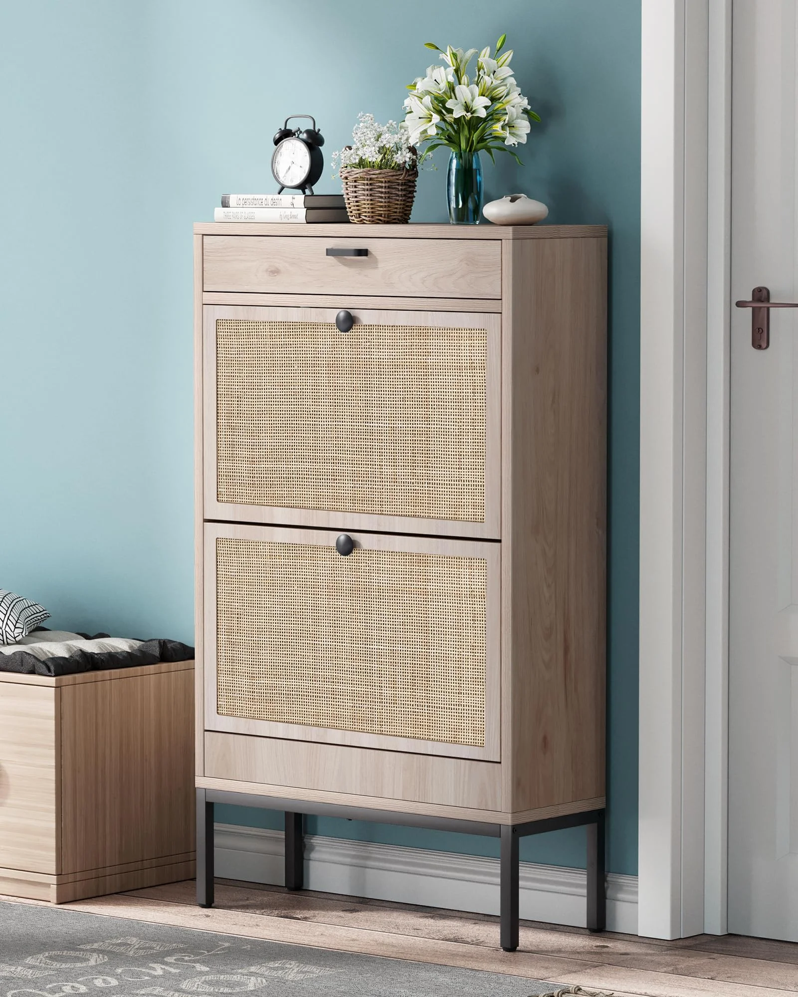 Brafab Shoe Storage Cabinet with 2 Flip Drawers&1 Small Drawer, Slim Entryway Shoe Organizer with with Adjustable Shelve, Rectangular Woven Rattan Doors for Entryway, Hallway（1 Pieces）