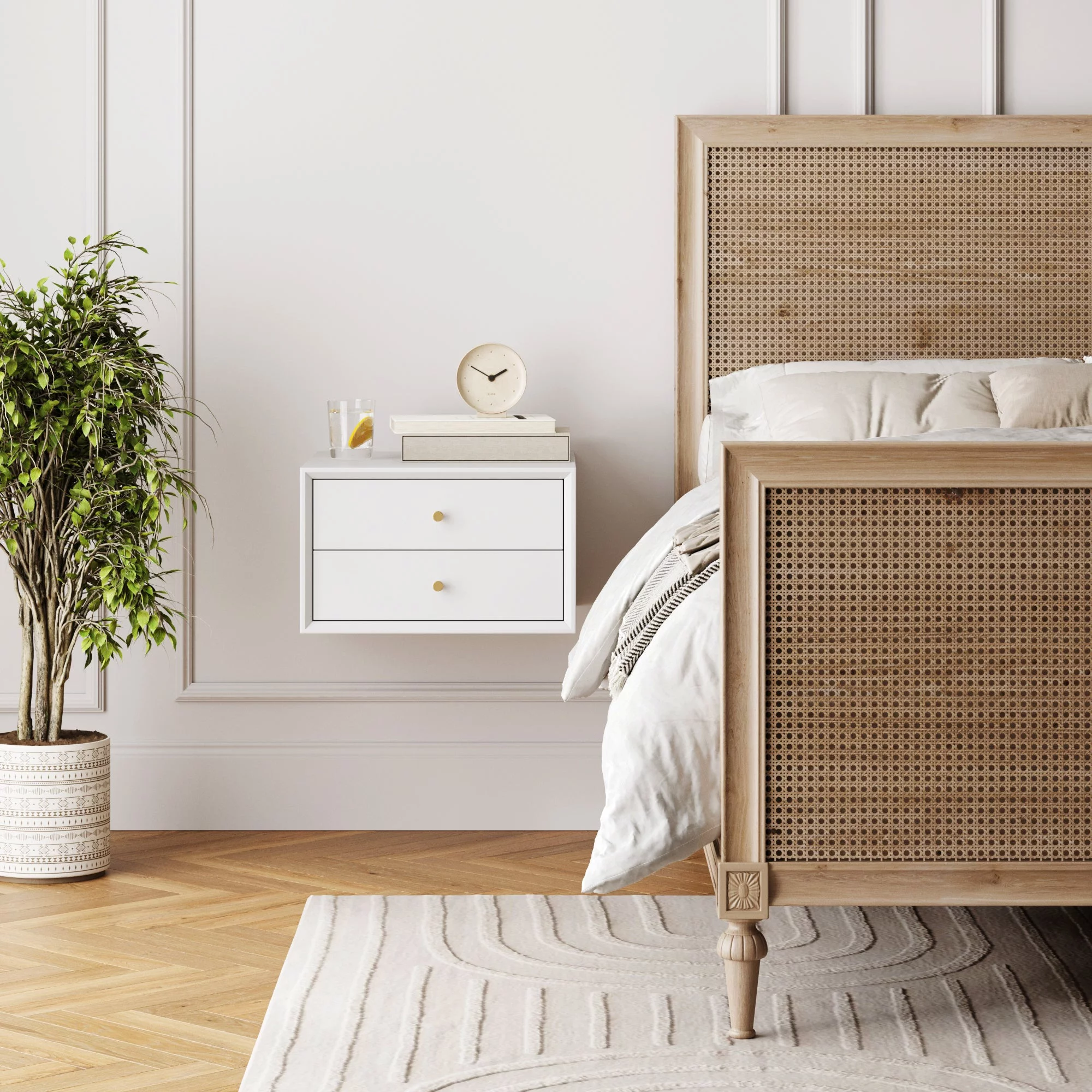 Nathan James Harper Wall Mounted Nightstand, Mid-Century Modern Floating End Table with Drawers, White