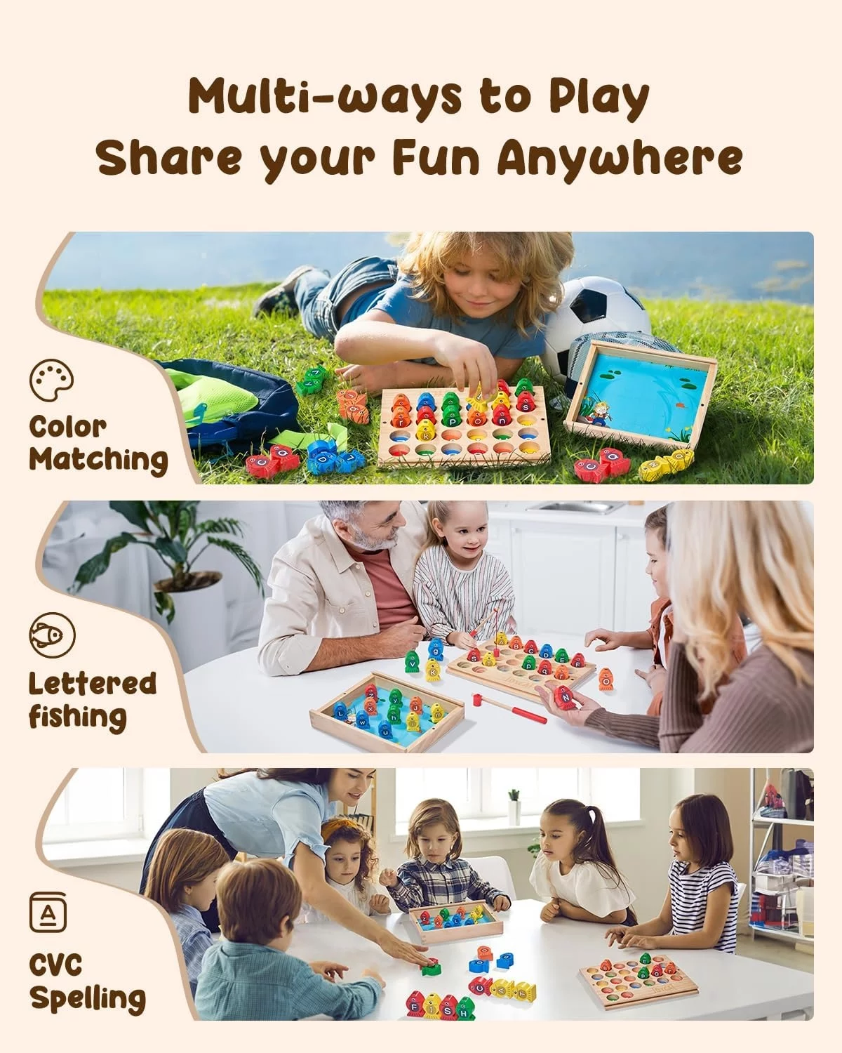 JoyCat Wooden Magnetic Fishing Game,ABC Alphabet Color Sorting Puzzle, Montessori Letters Cognition Phonic Games for Toddlers Kids Learning Toy Travel Educational Preschool Gift with 2 Poles