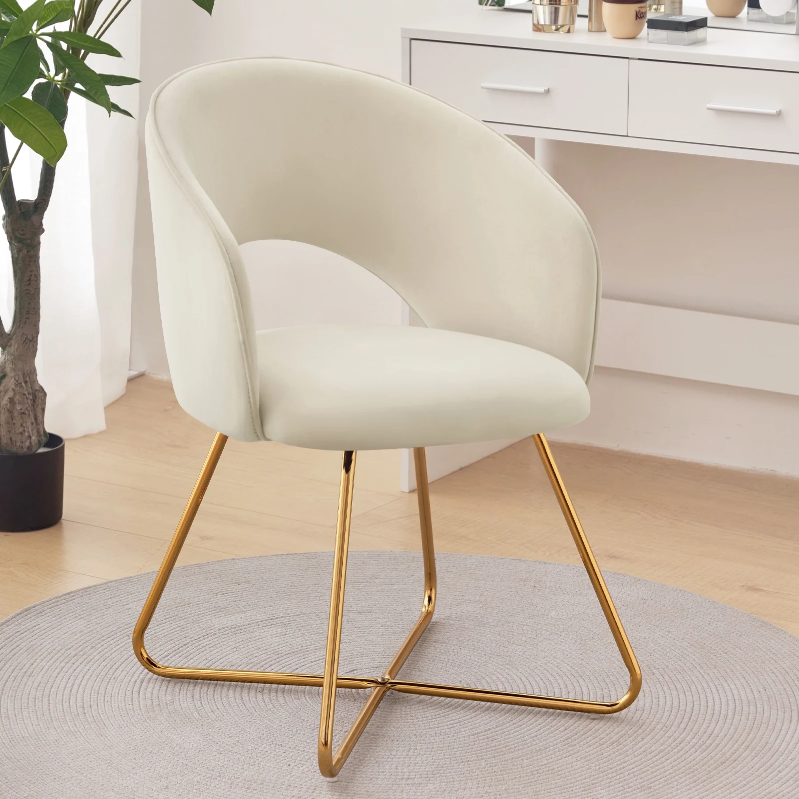 Furniliving Modern Velvet Accent Chair,Upholstered Vanity Chair with Back Make-up Chair for Living Room, Bedroom,Khaki