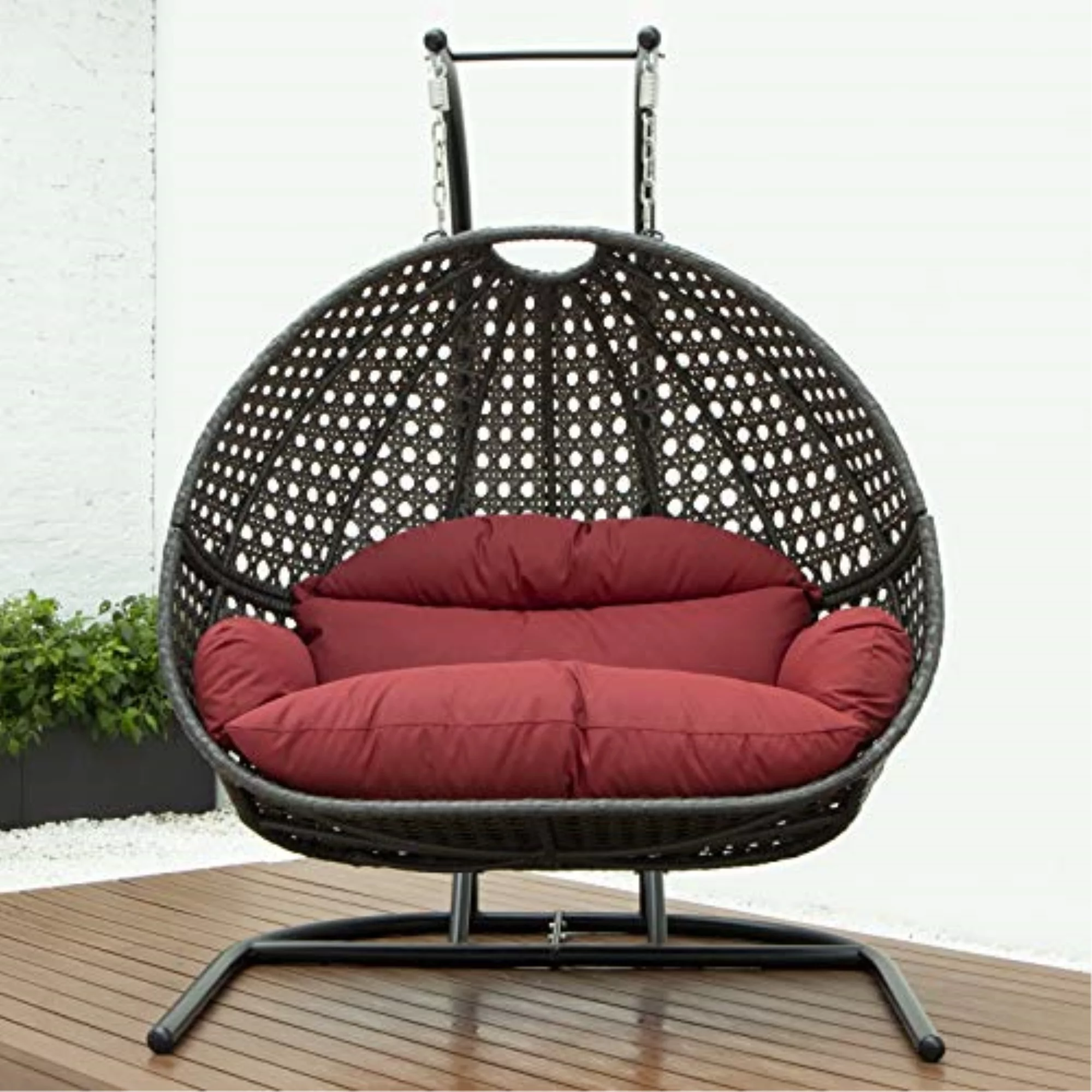 LeisureMod Modern Charcoal Wicker Double 2-Person Hanging Egg Swing Chair in Dark Red