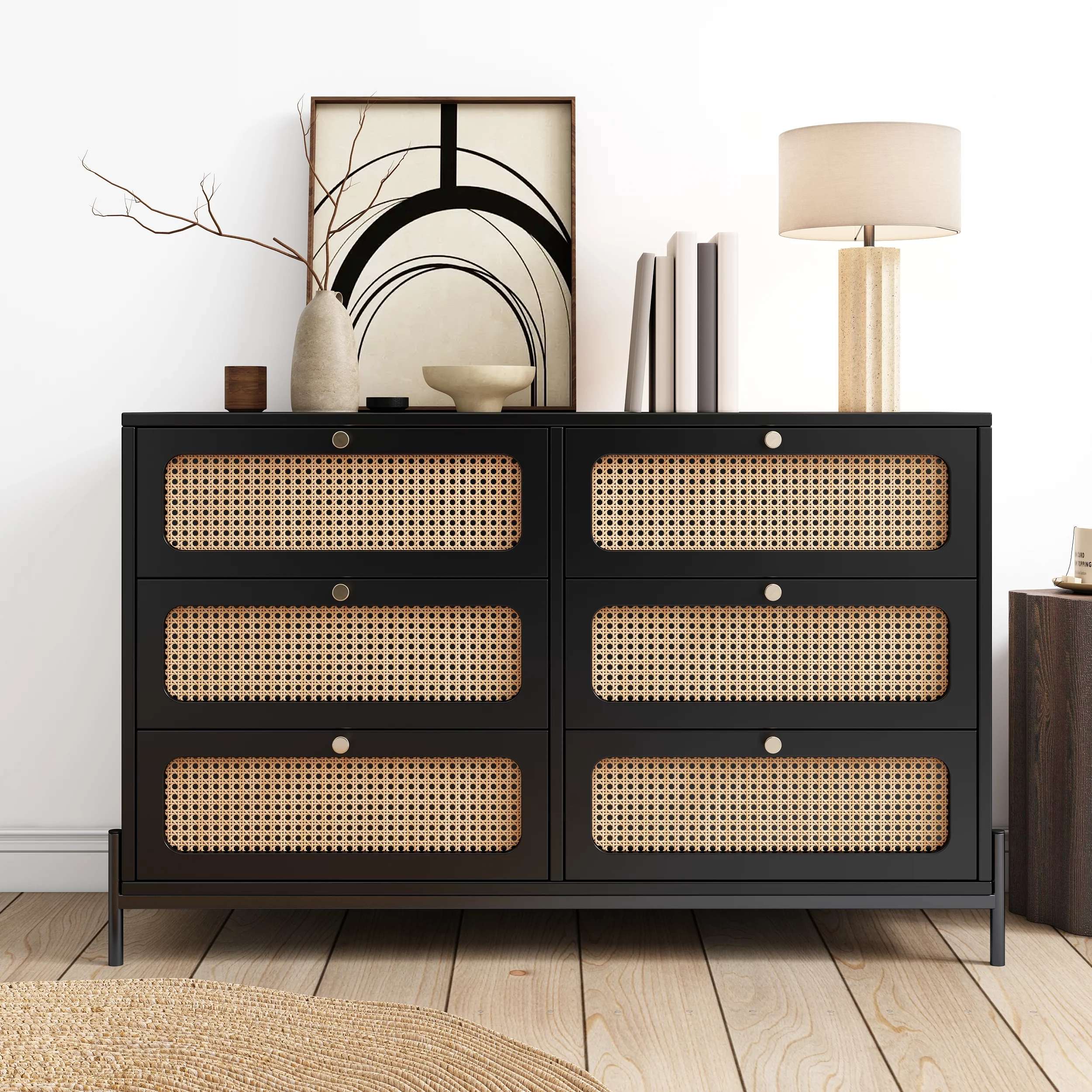 Modern Cannage Rattan Wood Closet 6-Drawer Dresser Wood Storage Cabinet Sideboard for Bedroom, Living Room, Entryway, Hallway, Black