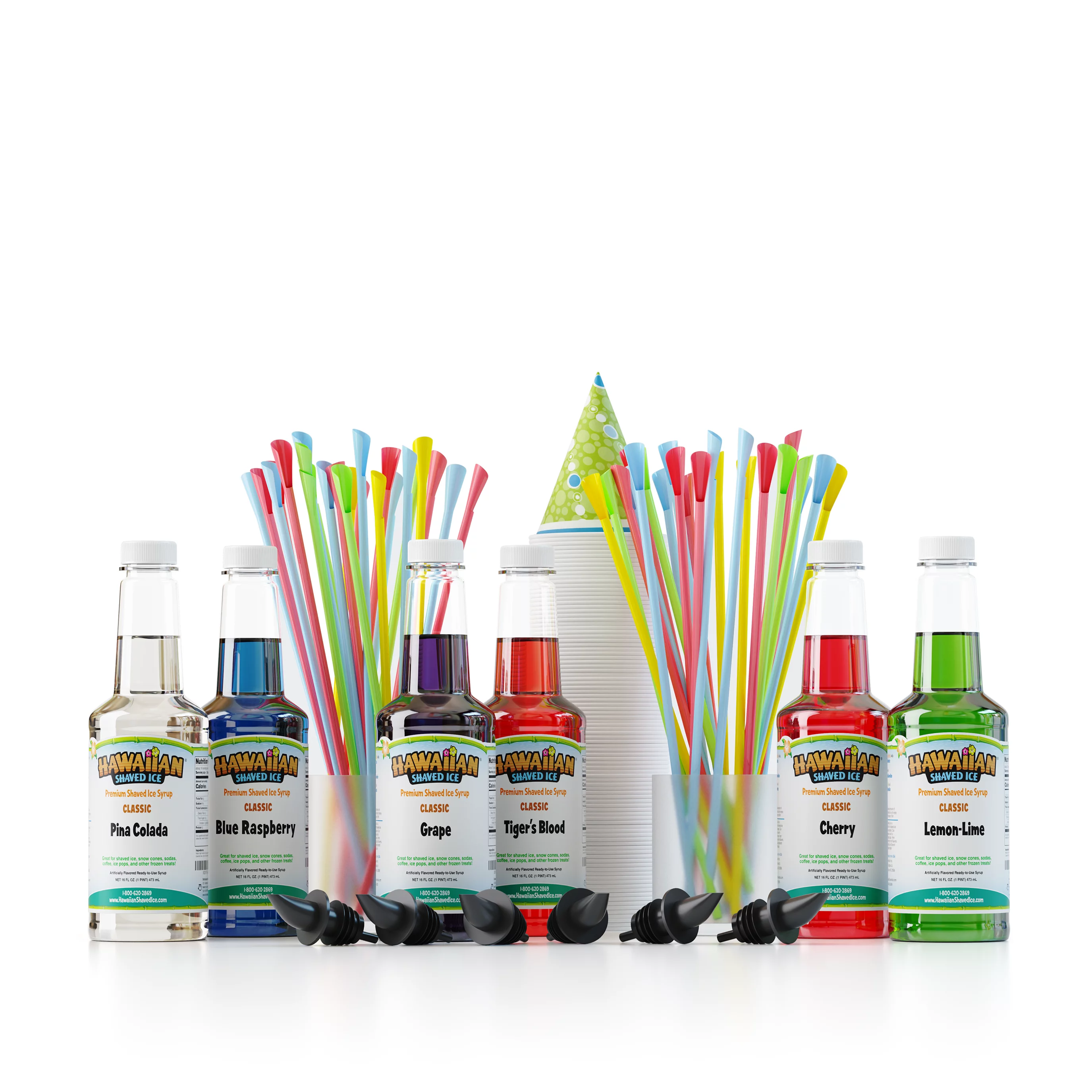 Hawaiian Shaved Ice Snow Cone Syrup - 6 Flavor Fun Pack with Accessories (Pints)