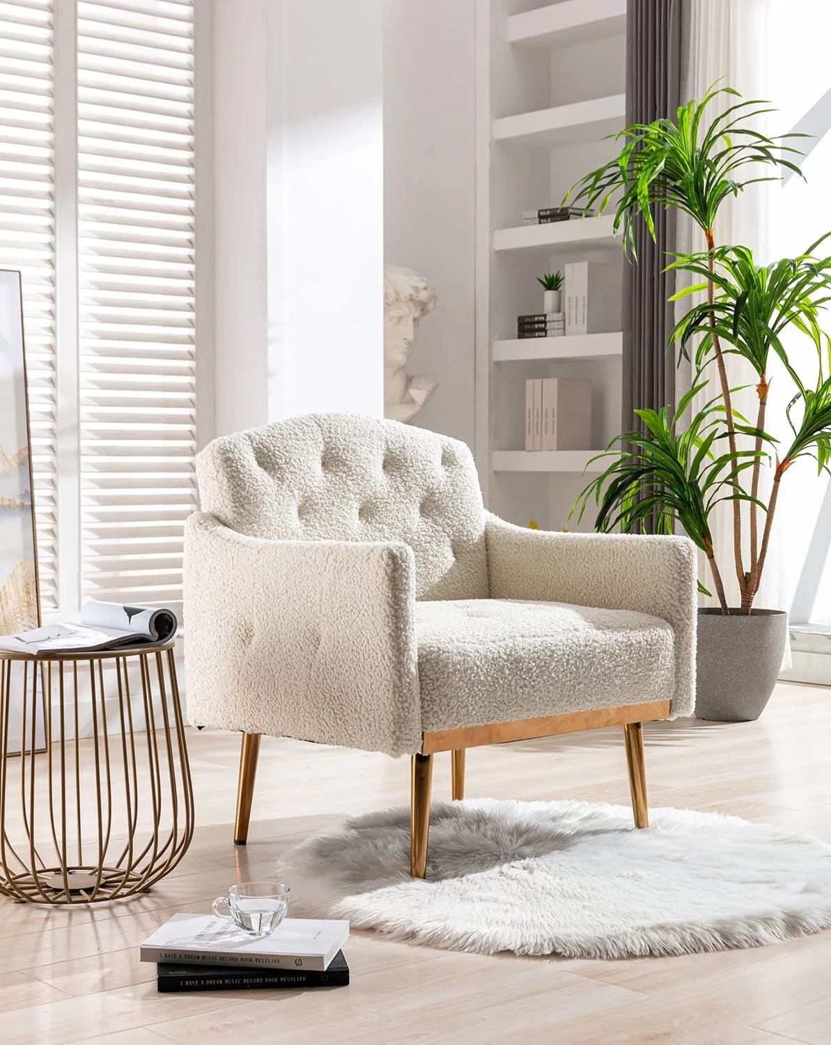 KINFFICT Accent Chair, Mid-Century Modern Armchair, Upholstered Fabric Comfy Accent Chair, for Living Room Bedroom, White