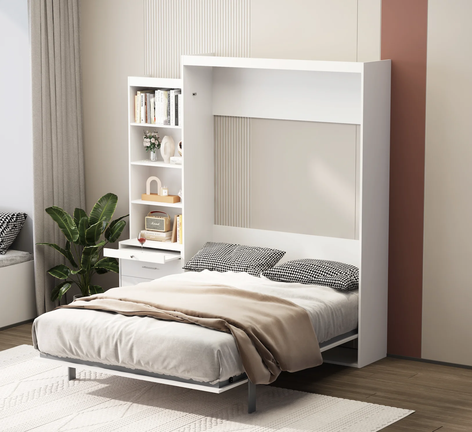 Full Size Vertical Murphy Bed with Shelf and Drawers for Bedroom or Guest room White Wall Bed Space Saving Hidden Bed Gas Struts (White)