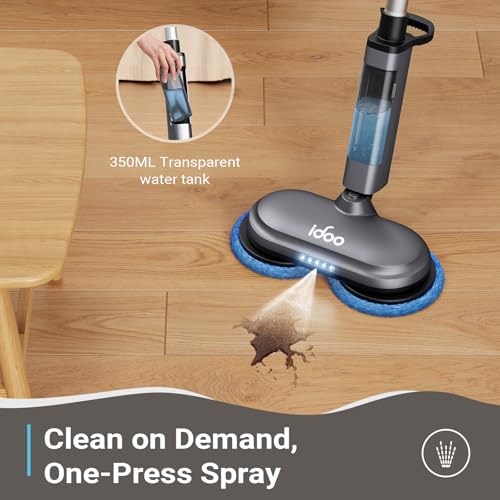 iDOO Electric Mop, Floor Scrubber Electric Spin with LED Headlight, Rechargeable Dust Cordless Dual-Motor, Spray Mop for Hardwood Floor, Clean up to 2350 ft², 46dB Quiet, Gray-4 Pads