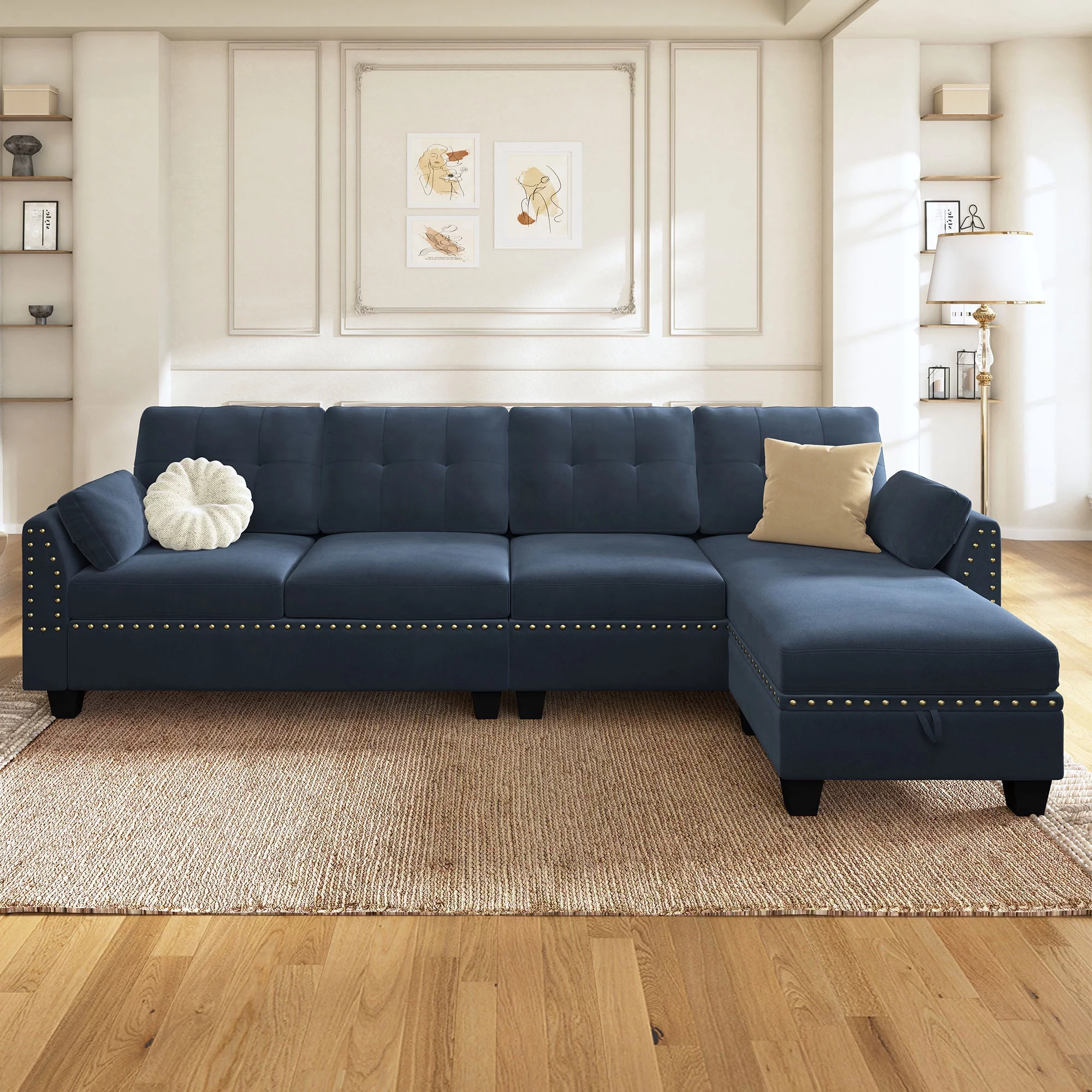 HONBAY Modern Velvet 4-seat Sofas Sectionals with Storage Ottomans and Pockets for Apartment, Dark Navy Blue