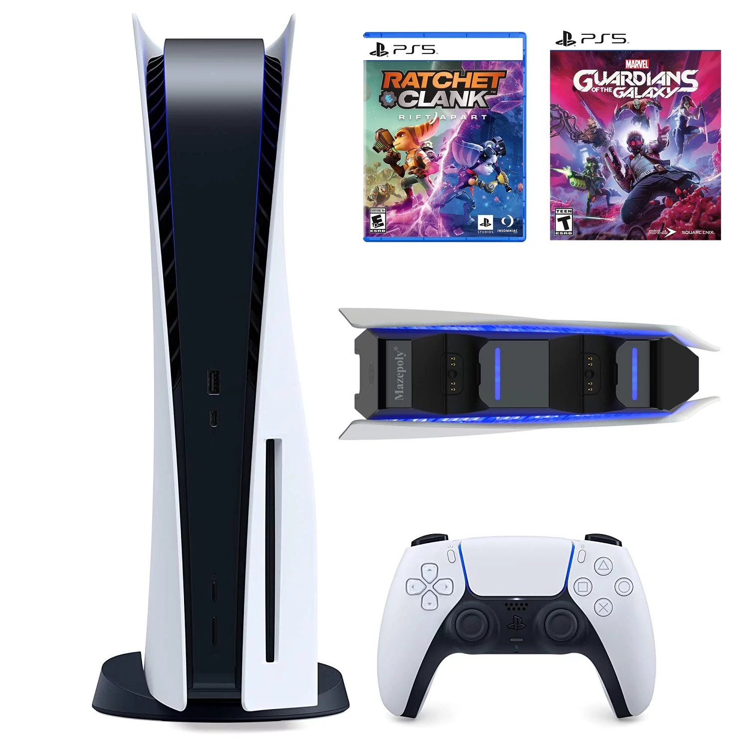 Play-Station-5 825GB Disk Console, UHD Blu-ray, One Wireless Controller, P-S-5 Games Marvel’s Guardians of the Galaxy and  Ratchet & Clank: Rift Apart with Mazepoly Dual Charger Dock