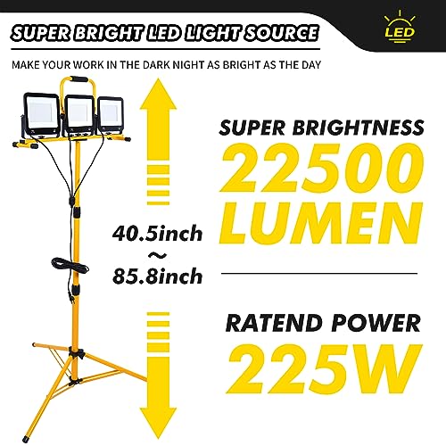 21000 Lumen Work Lights with Stand, 3 Adjustable Head LED Work Light, with Adjustable and Foldable Tripod Stand, Waterproof Lamp with Individual Switch with 6500 Kelvin Color Temperature