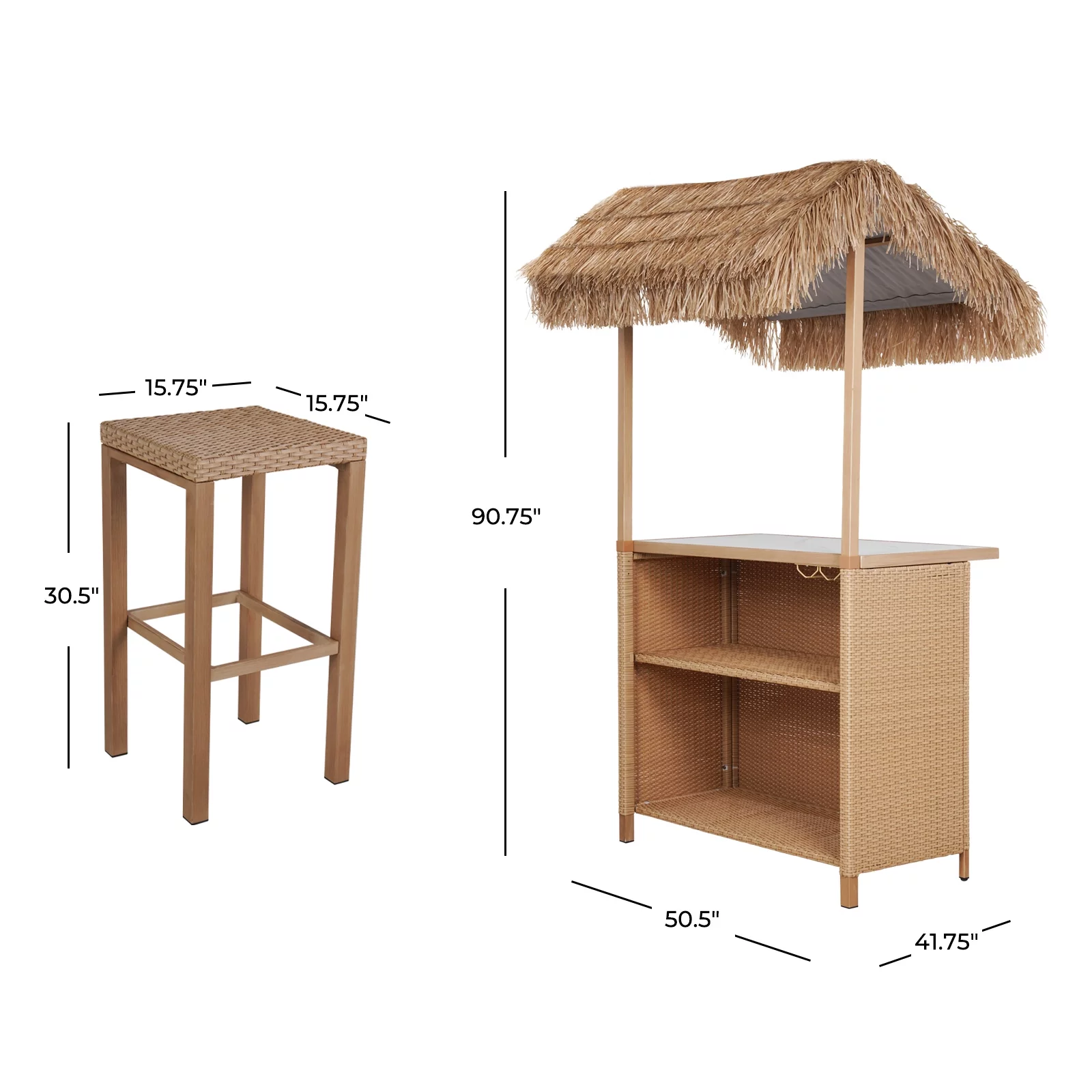 Grand Patio Outdoor Tropical Paradise Tiki Bars, Phuket 3 Piece All Weather Resin Wicker Steel Islander Tiki Bar and 2 Stools with Ceramic Top & Storage for Garden Hawaiian Luau Party, Natural
